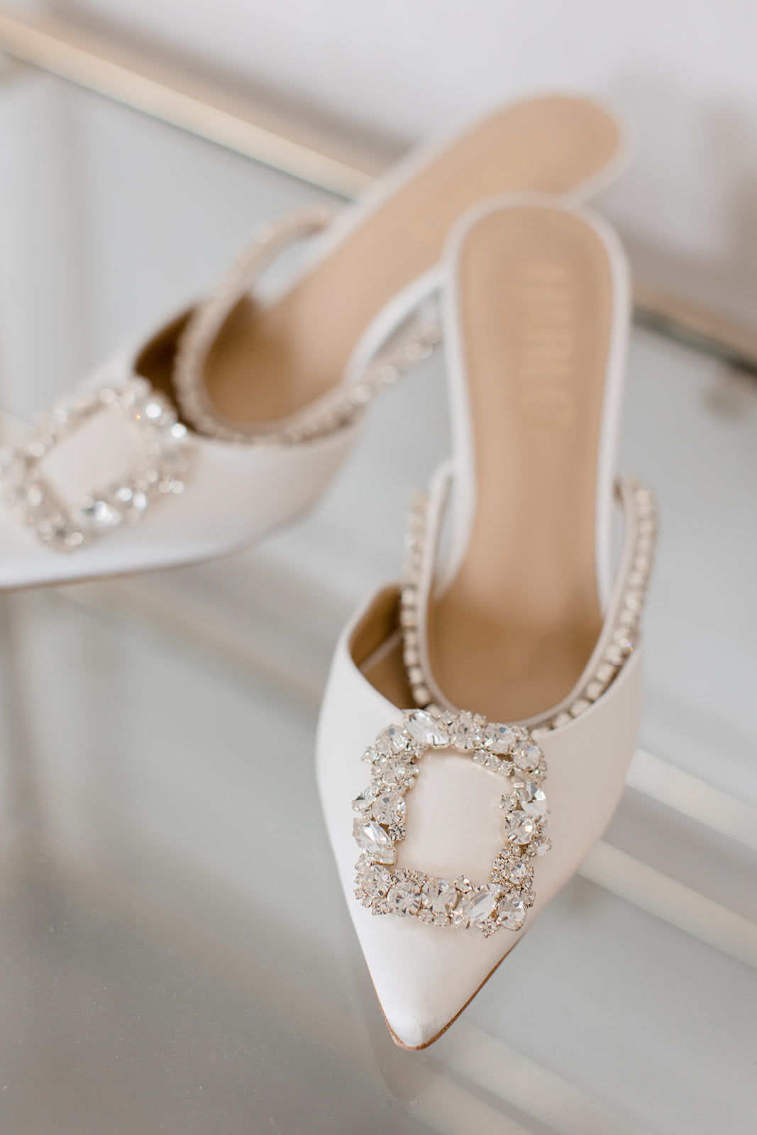 Buy Faith - Pointed Toe Crystal Embellished Kitten Mule - Soft White online | The White Collection Australia
