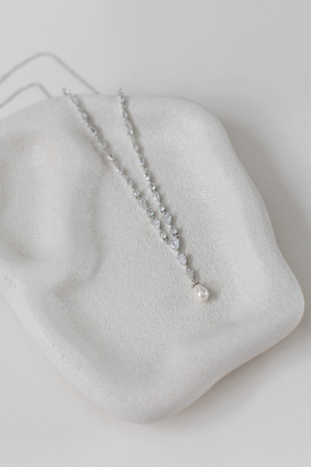 Buy Siena - Delicate Crystal and Plunging Pearl Drop Bridal Necklace - Silver online | The White Collection Australia
