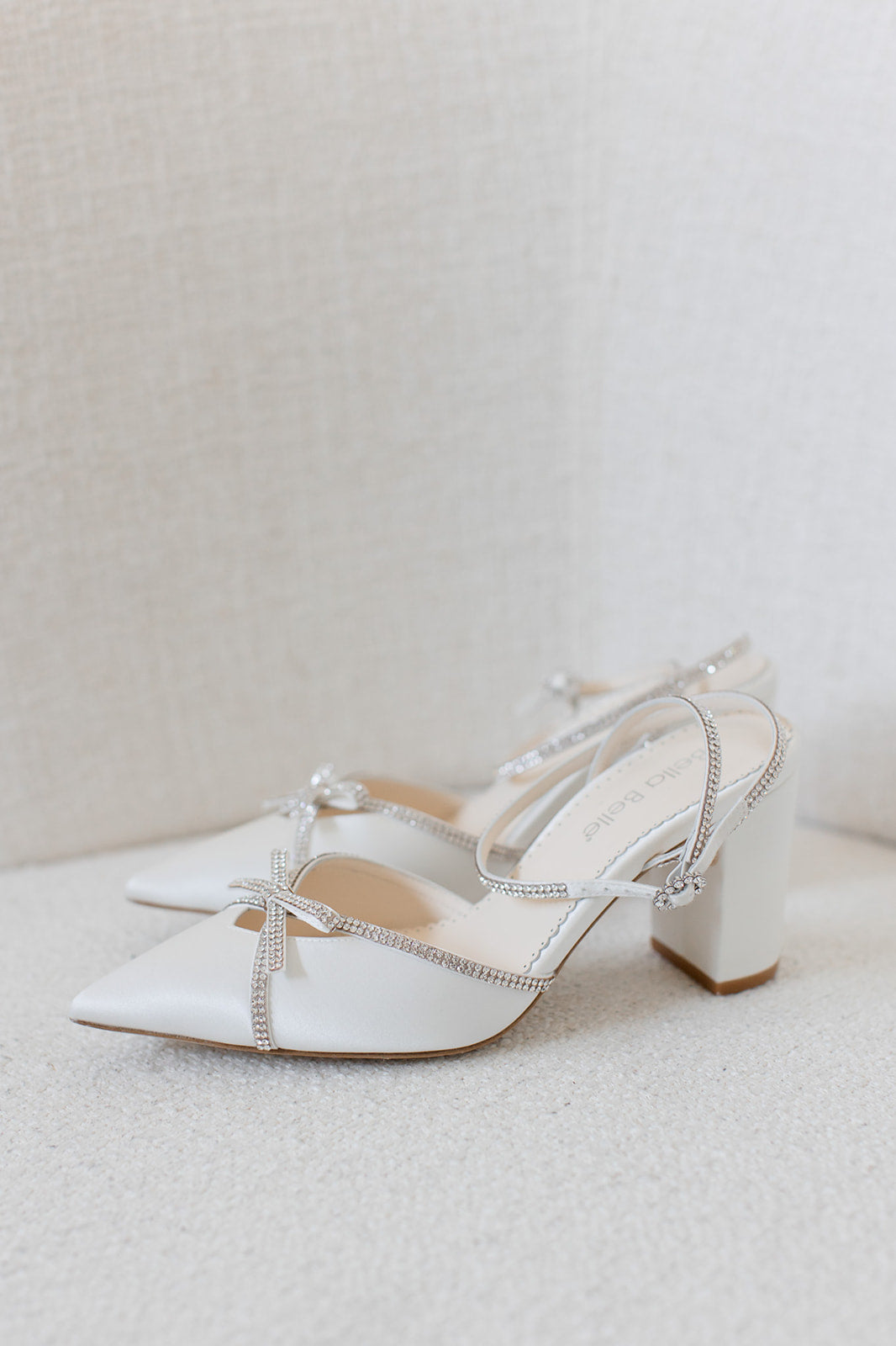 Karissa - Ivory Bridal Block Heels with Crystal Bows, Trim and Straps