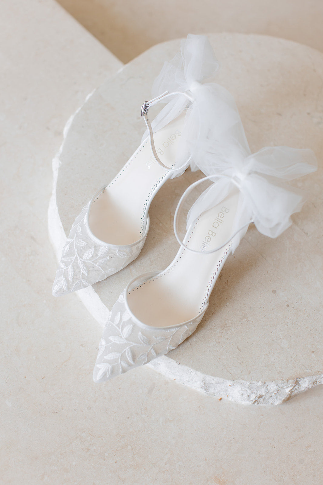 Buy Joselyn - Vine Embroidered Ivory Lace Heels with Ankle Strap Tulle Bows online | The White Collection Australia