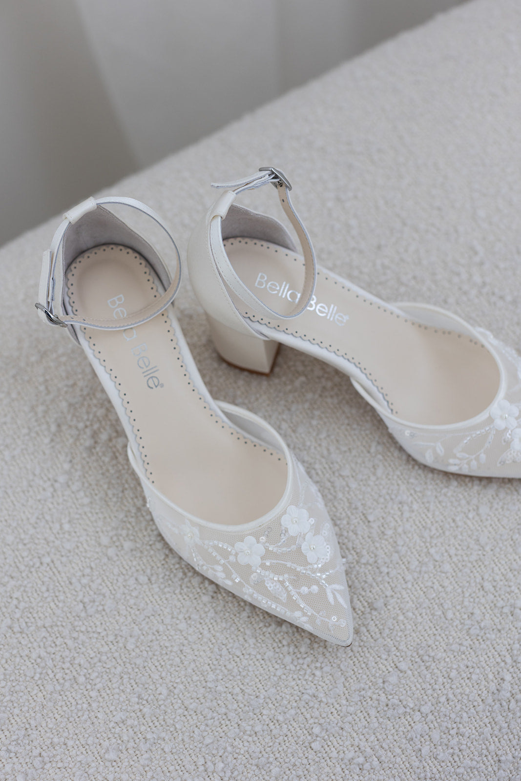 Thea - Floral Illusion Mesh Closed Toe Block Heels - Ivory