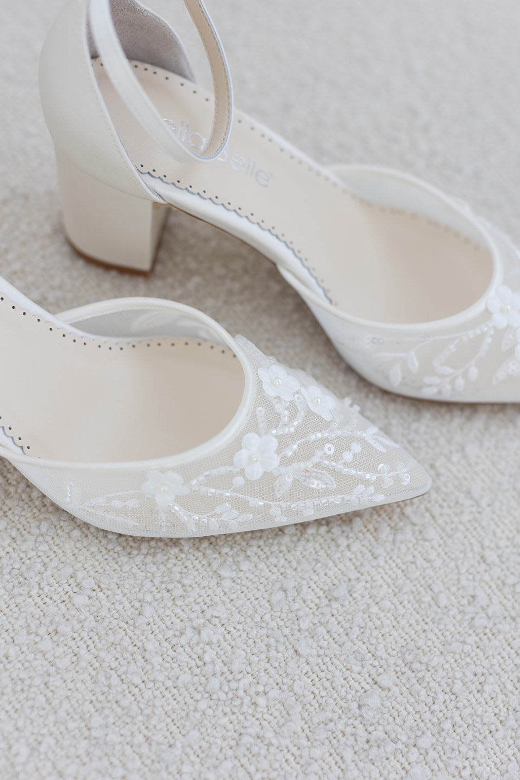 Thea - Floral Illusion Mesh Closed Toe Block Heels - Ivory