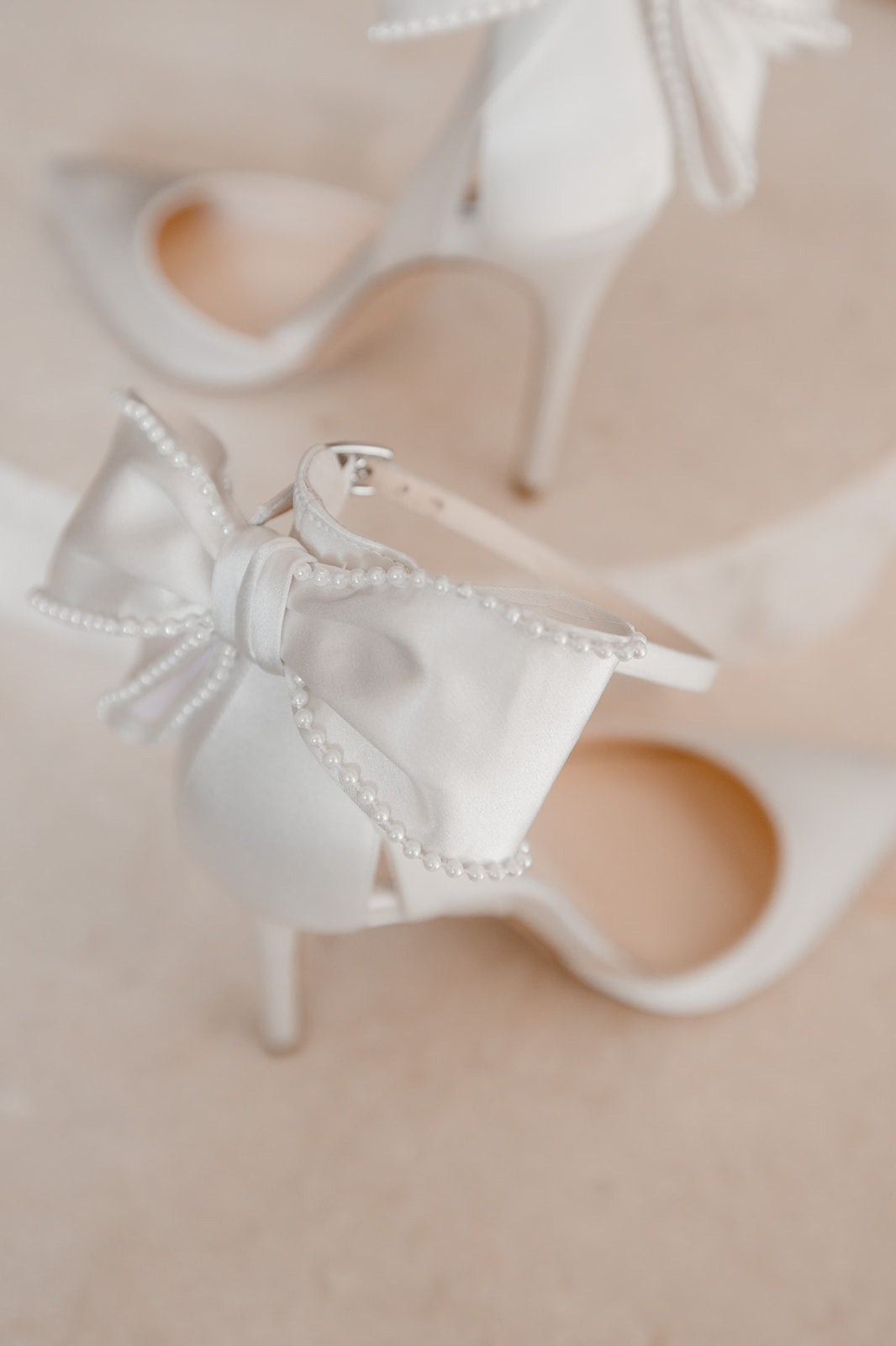 Buy Mirabelle - Ivory Pearl Stiletto Wedding Heels with Ankle Strap Bow online | The White Collection Australia