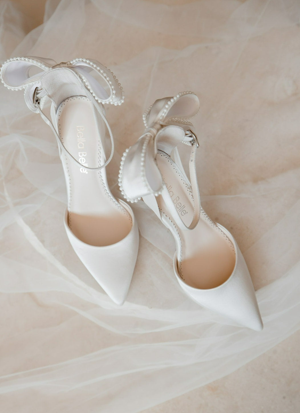 Buy Mirabelle - Ivory Pearl Stiletto Wedding Heels with Ankle Strap Bow online | The White Collection Australia