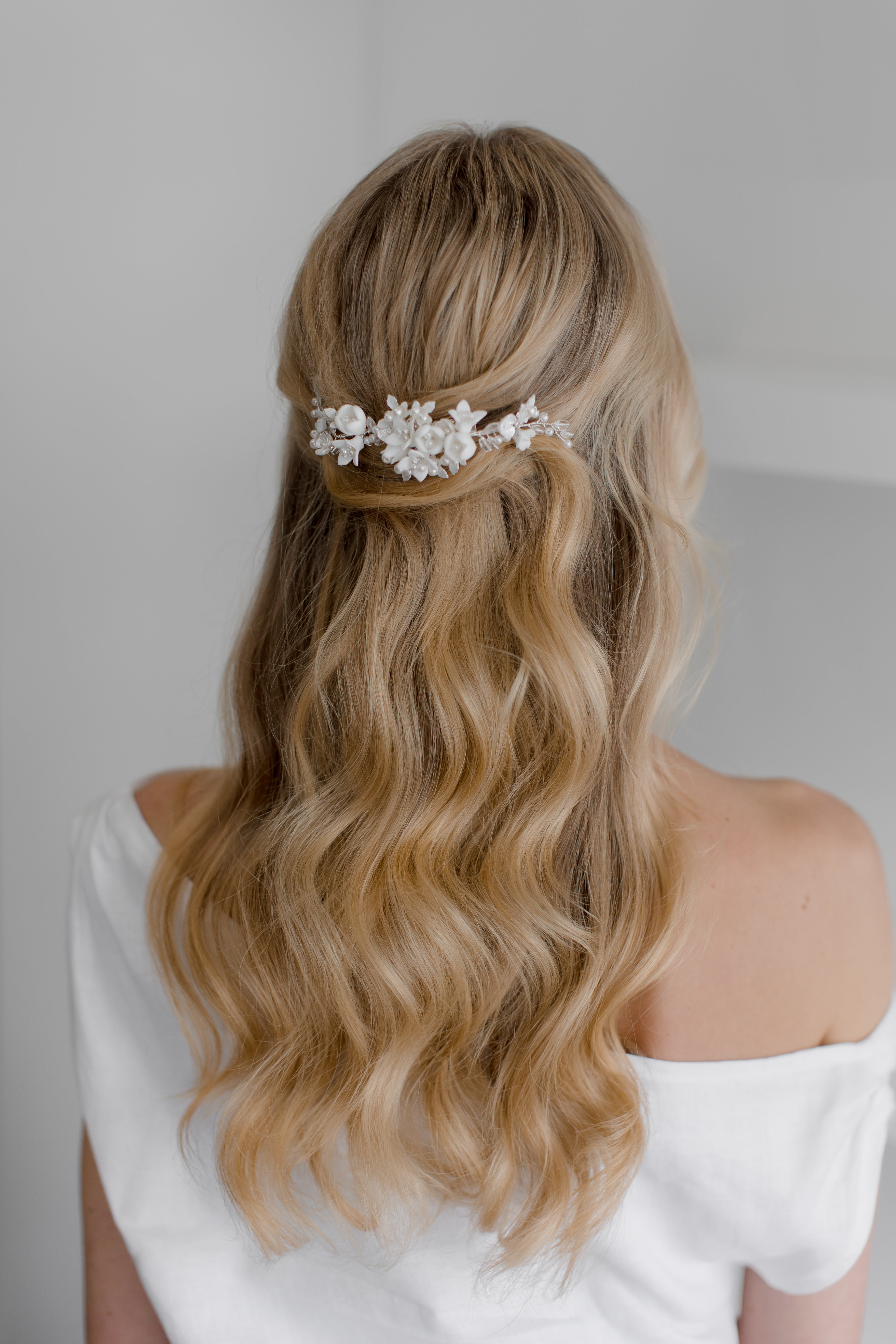 Caroline - Delicate Porcelain & Crystal Floral Pearl Bridal Hair Clip