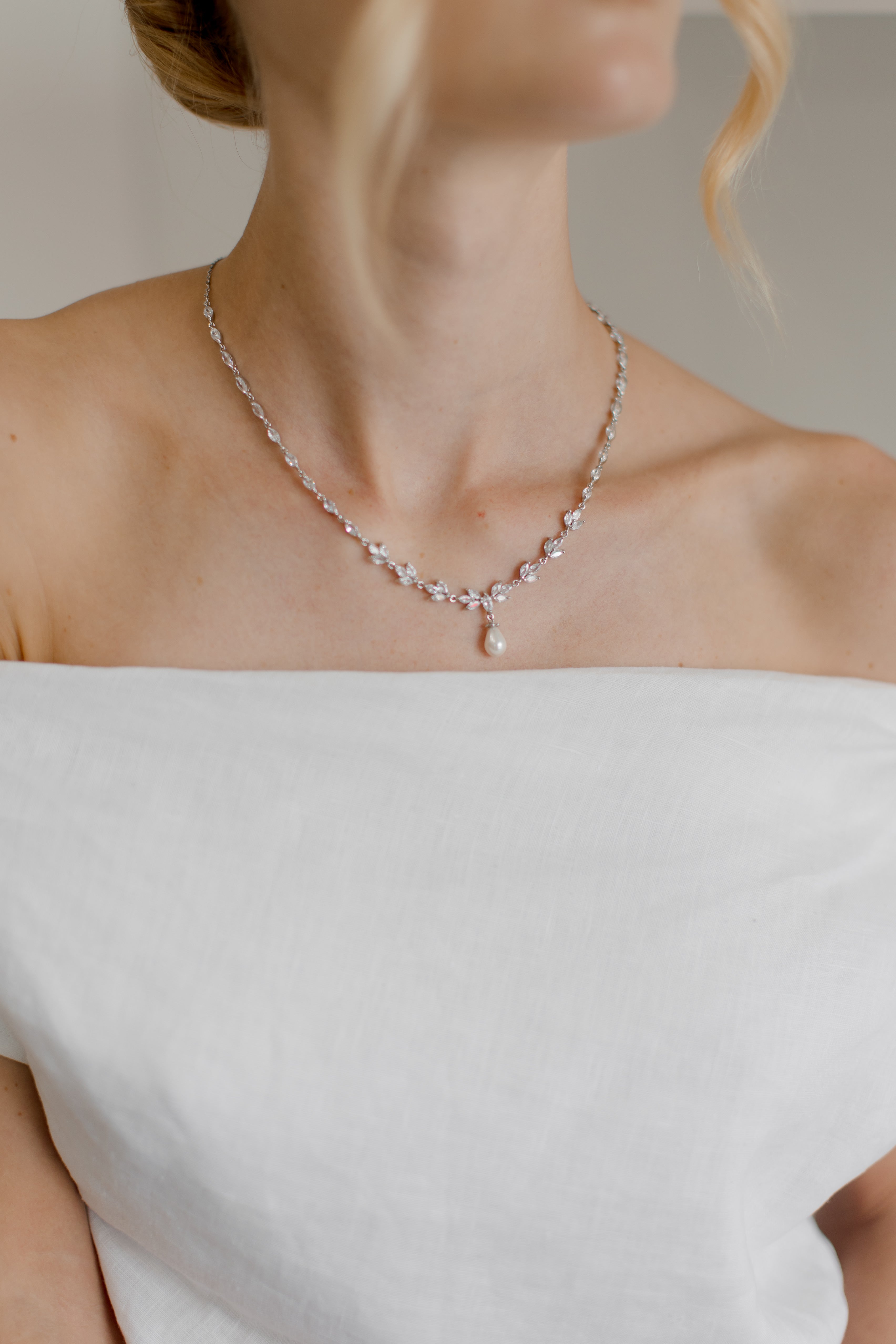 Buy Liliana - Delicate Crystal and Pearl Drop Bridal Necklace online | The White Collection Australia