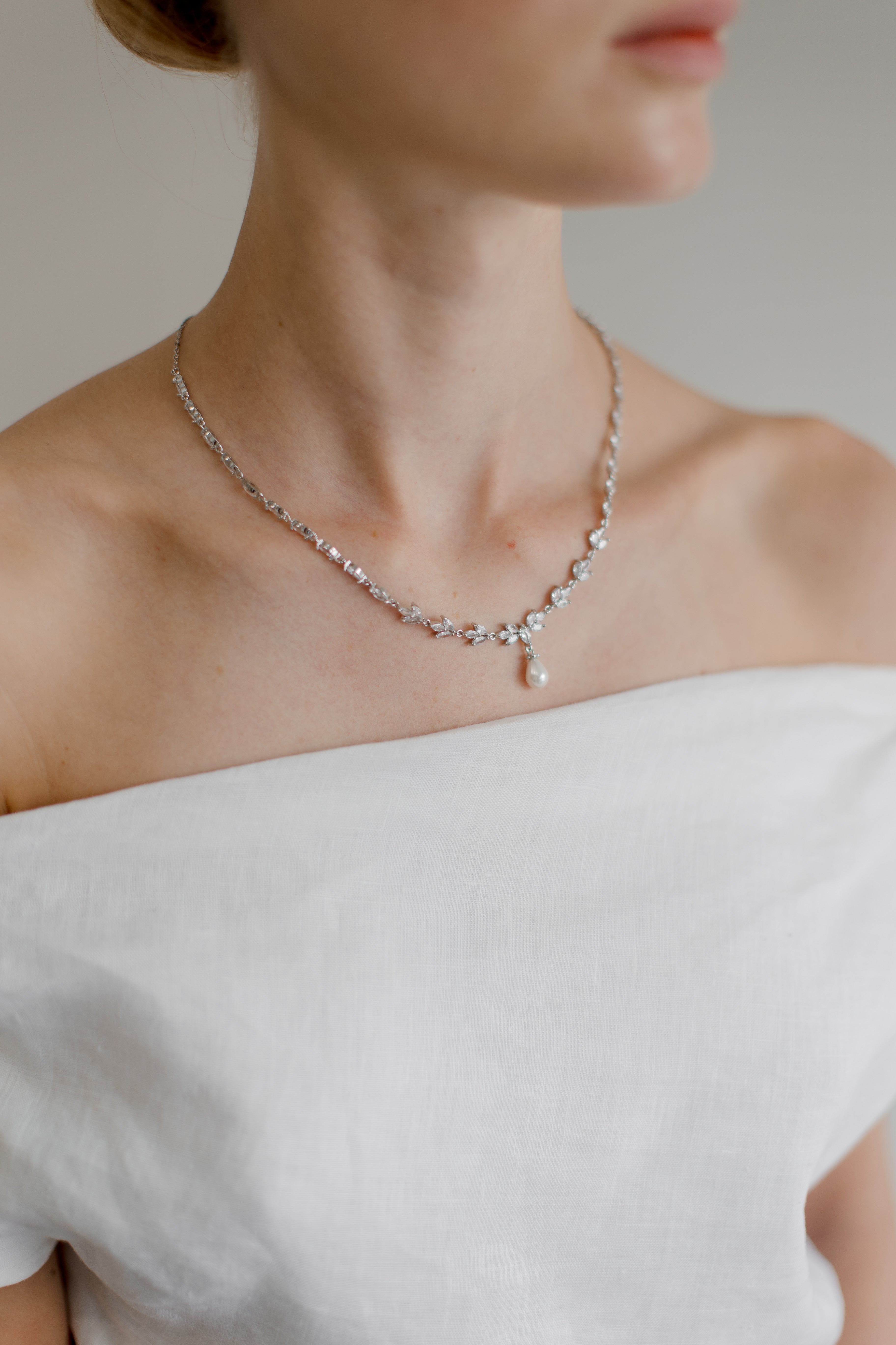 Liliana - Delicate Crystal and Pearl Drop Bridal Necklace