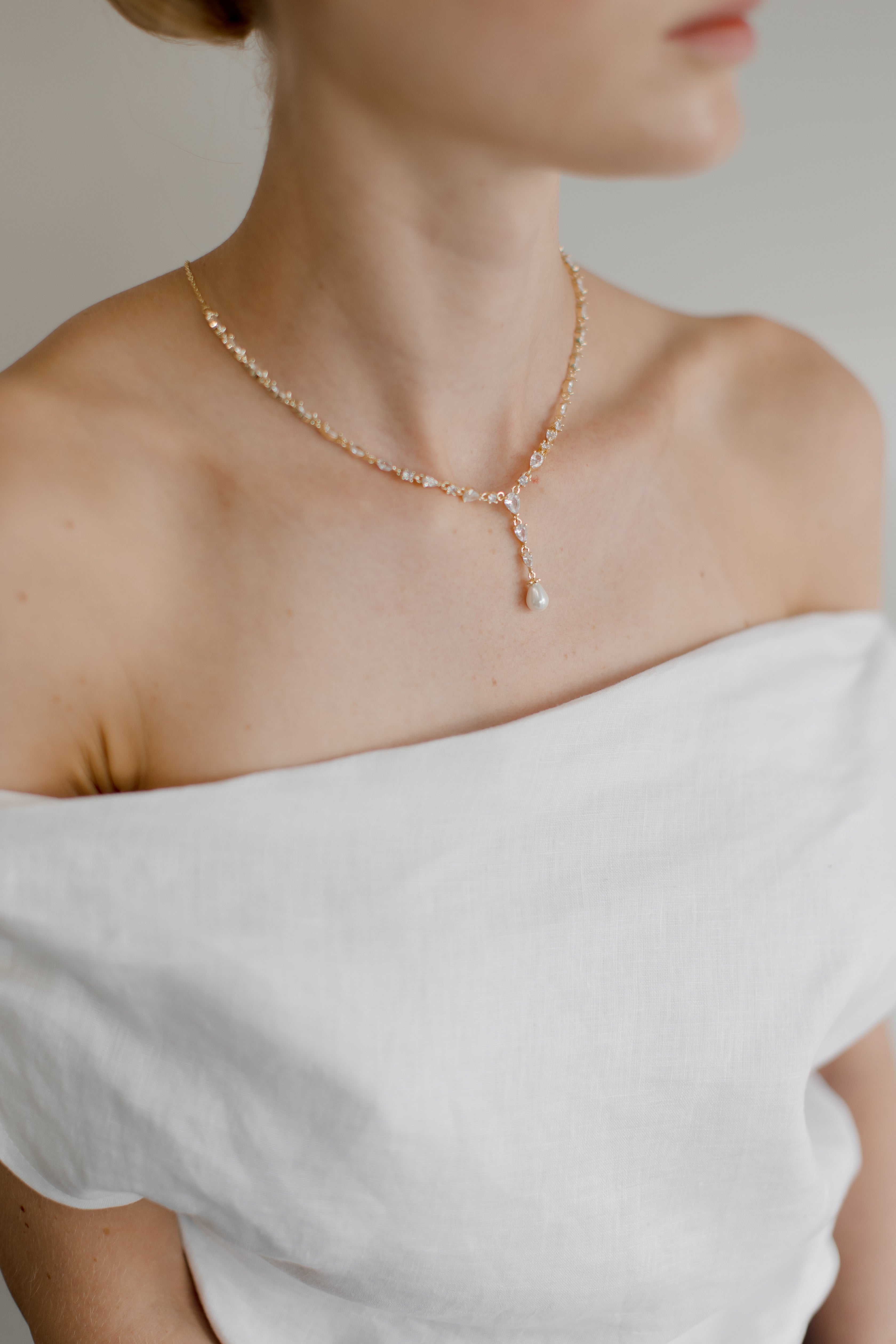 Siena - Delicate Crystal and Plunging Pearl Drop Bridal Necklace - Gold