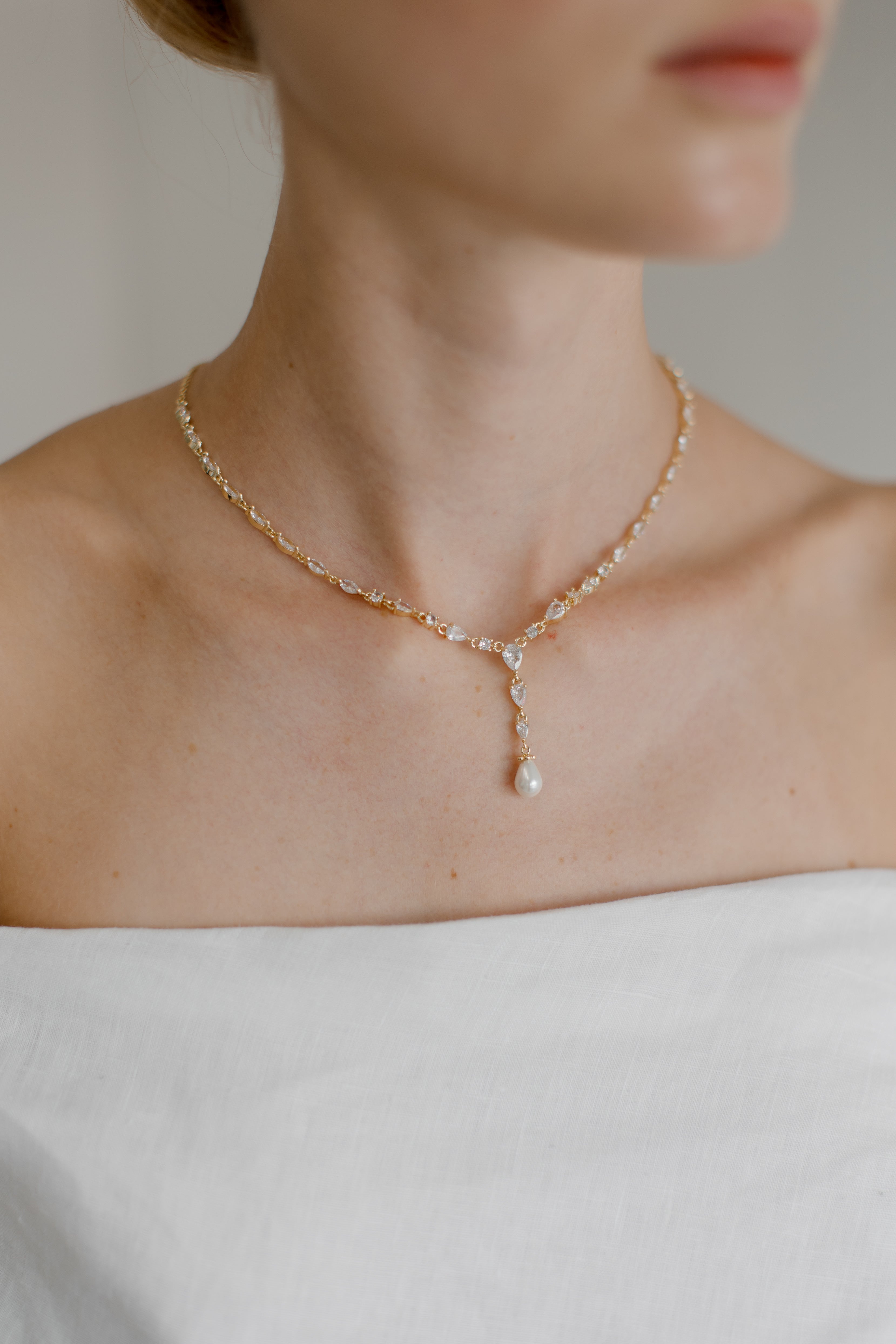 Siena - Delicate Crystal and Plunging Pearl Drop Bridal Necklace - Gold