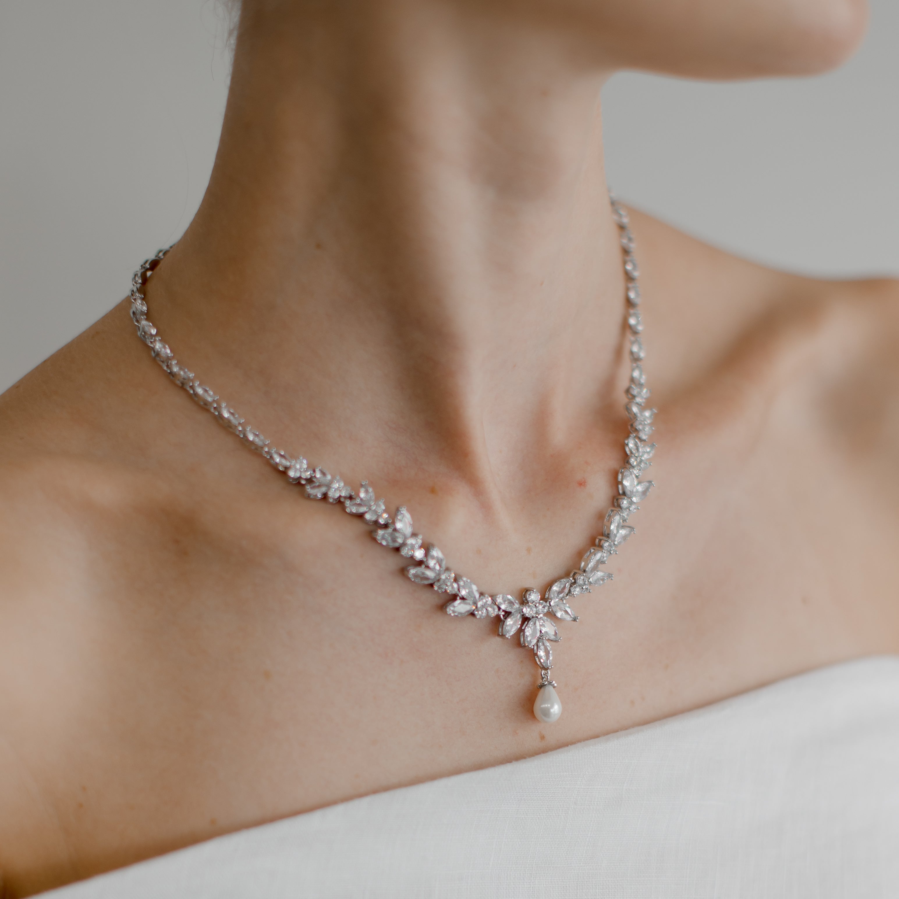 Courtney Pearl - Statement Crystal and Pearl Bridal Necklace