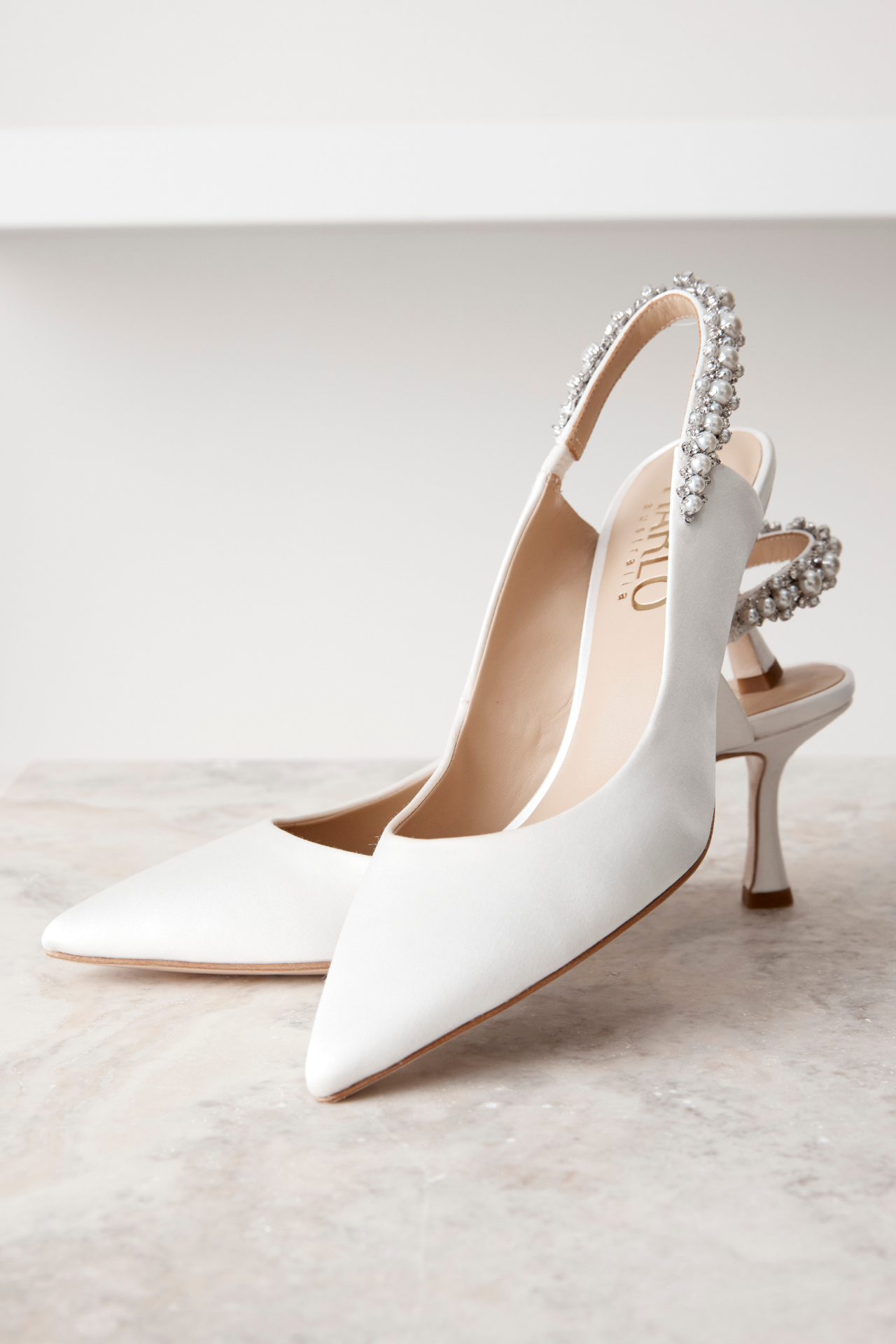 Nina Pearl - White Pearl & Crystal Embellished Sling Back Low Bridal Pump