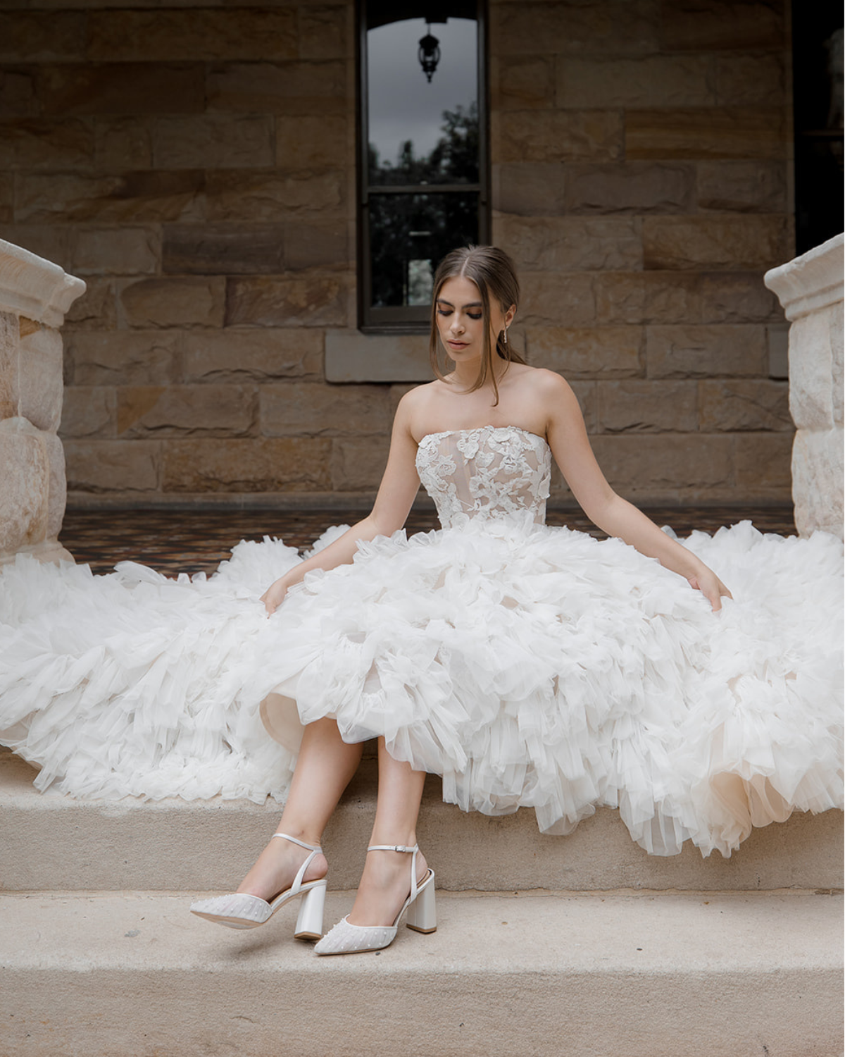 Buy Elle - Tulle Block Heeled Point with Handsewn Pearls - Soft White online | The White Collection Australia