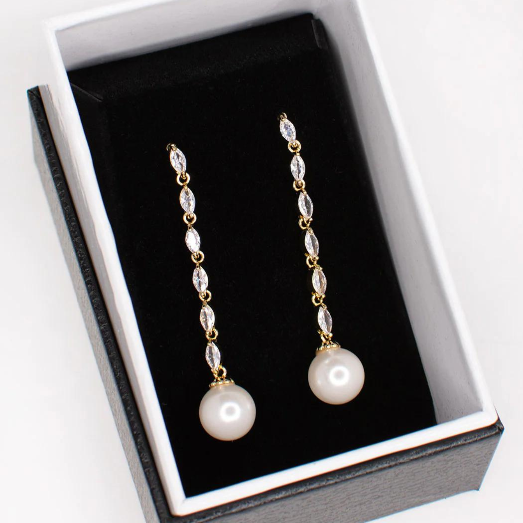 Melanie - Long Drop Navette Crystal and Pearl Bridal Earrings