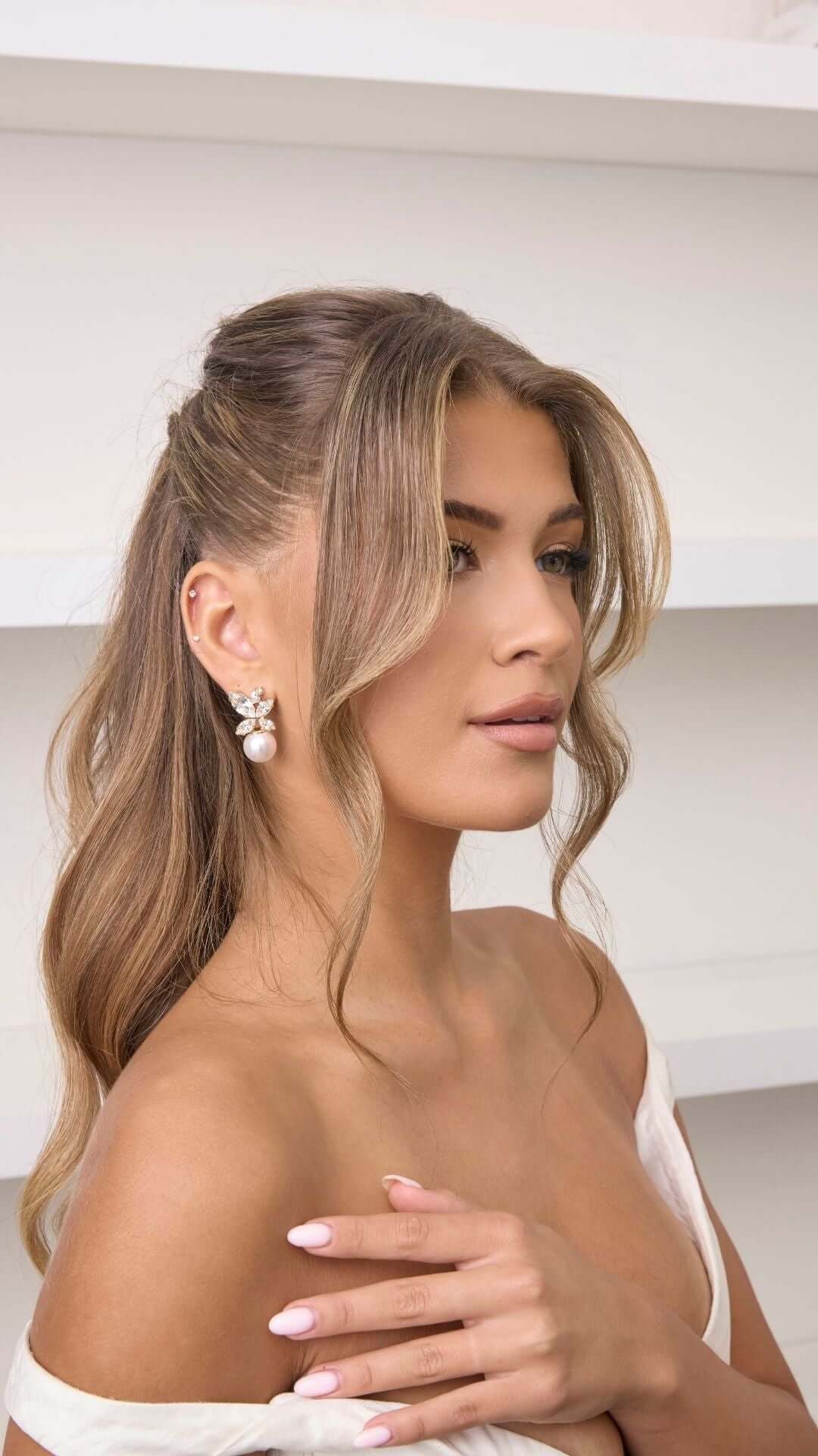 Buy Elizabeth Bower - Burst Duet Crystal and Pearl Earrings - Rhodium Silver online | The White Collection Australia