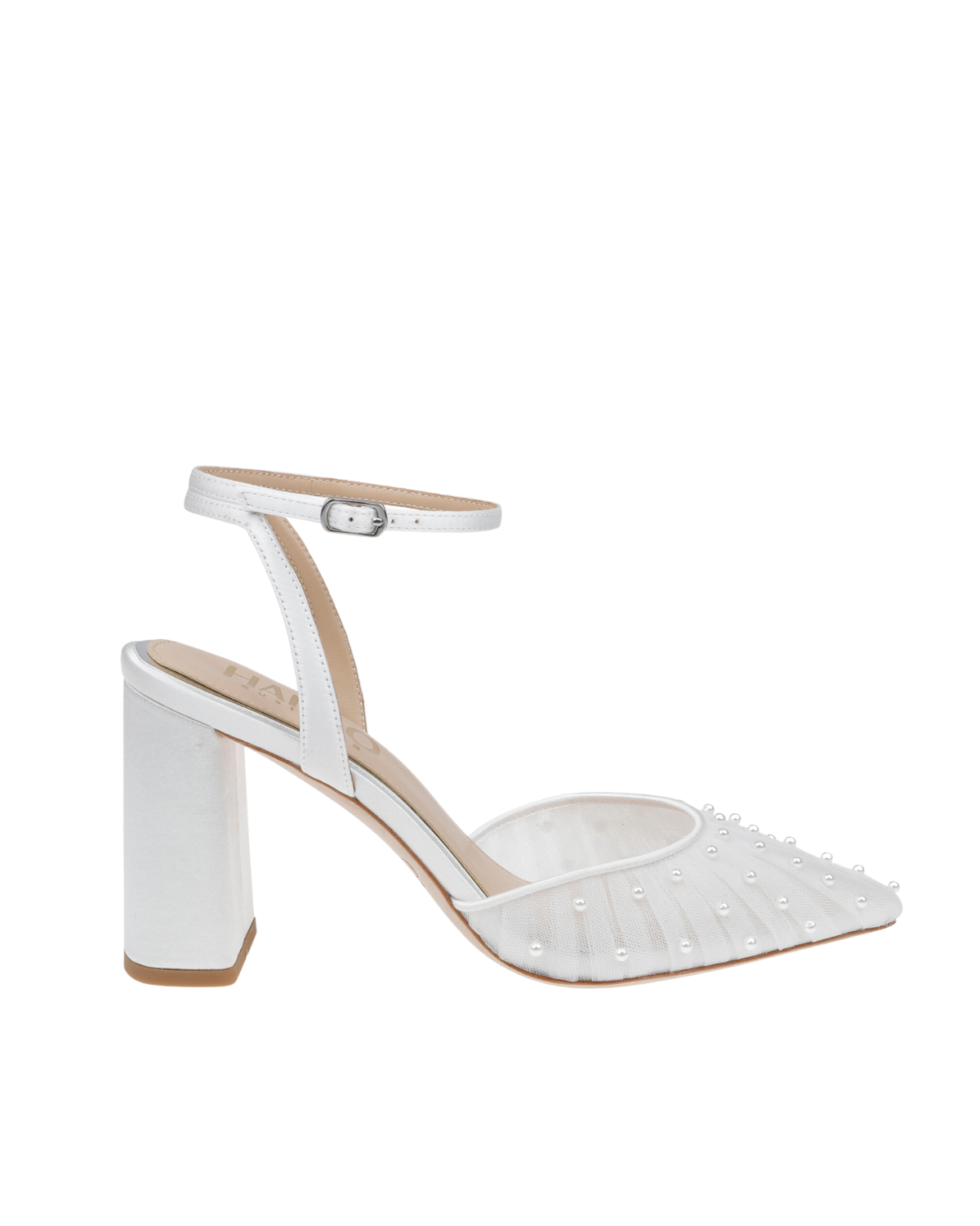Elle - Tulle Block Heeled Point with Handsewn Pearls - Soft White