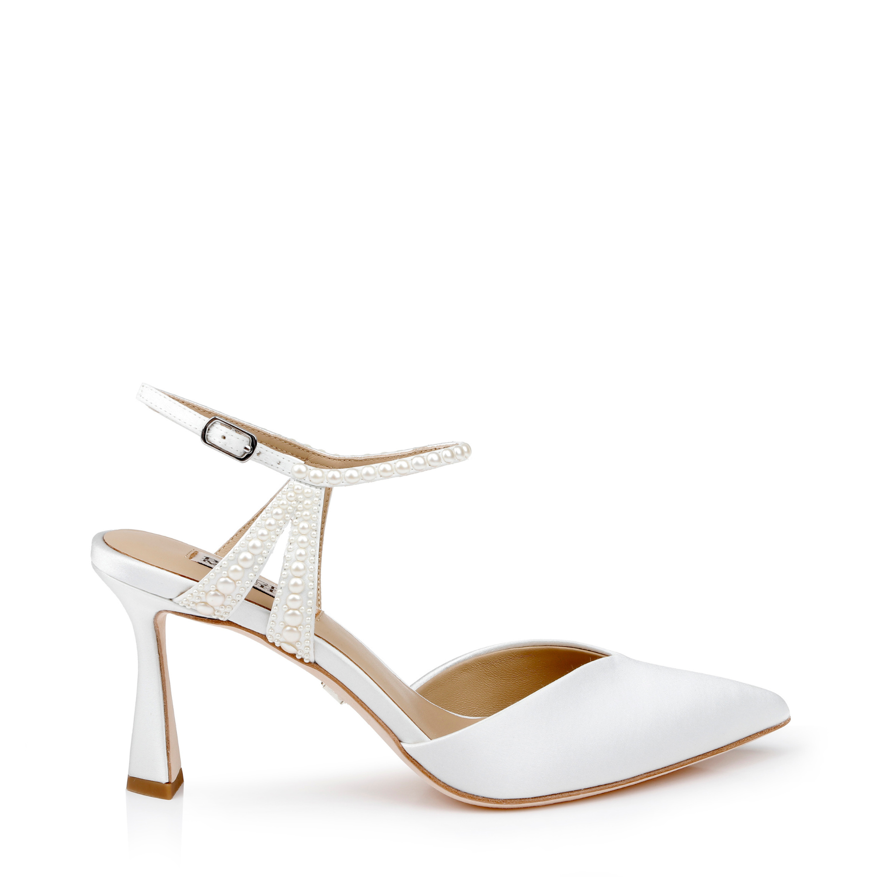 Destinee - Pointed Toe Satin Pumps with Pearl Strap - Soft White