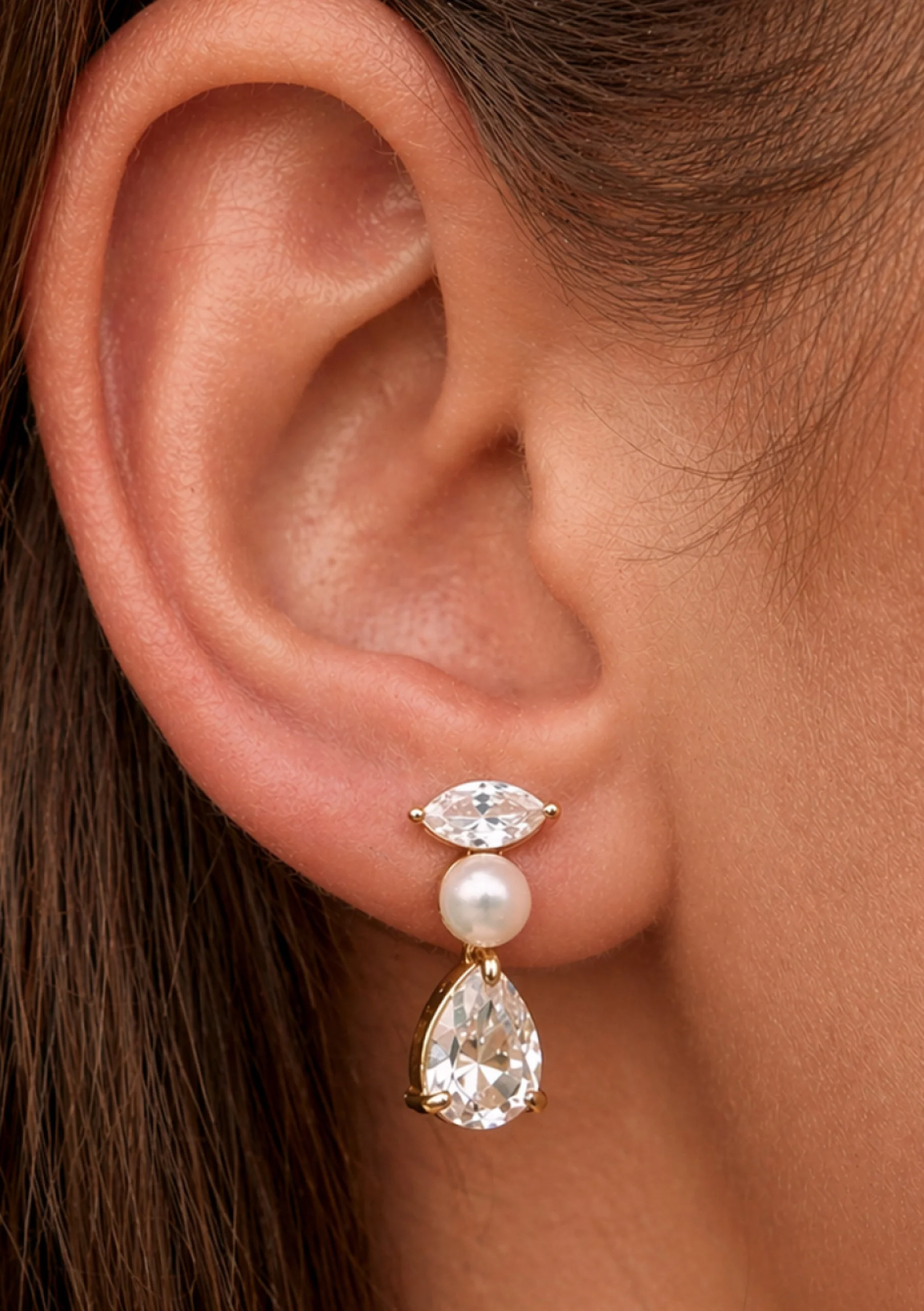 Lola Knight - Estella - Crystal and Pearl Drop Bridal Earrings - Gold