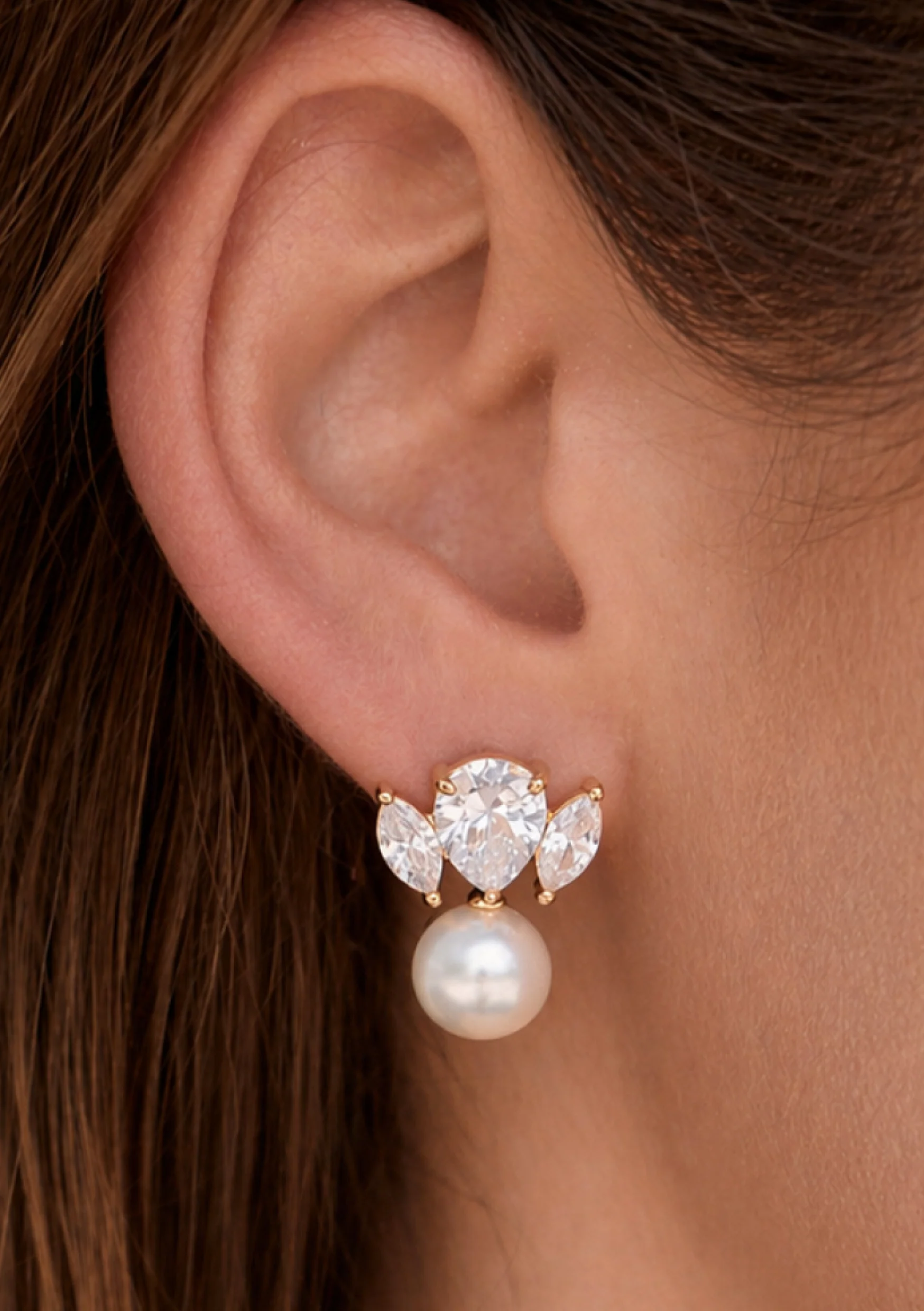 Lola Knight - Maris - Crystal Pearl Bridal Drop Earrings - Gold