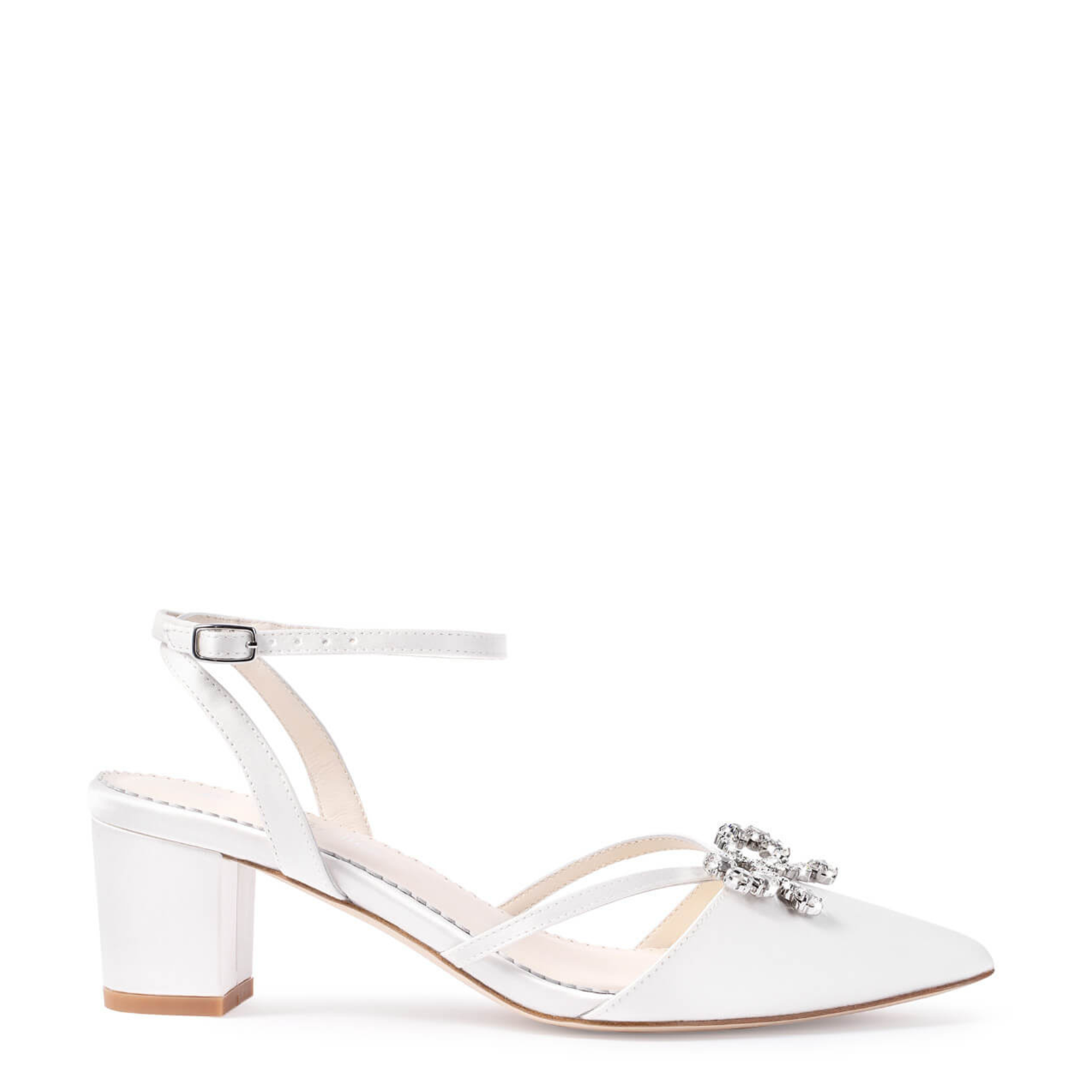 Amira - Pointed Toe Ankle Strap Crystal Bow Heels - Ivory