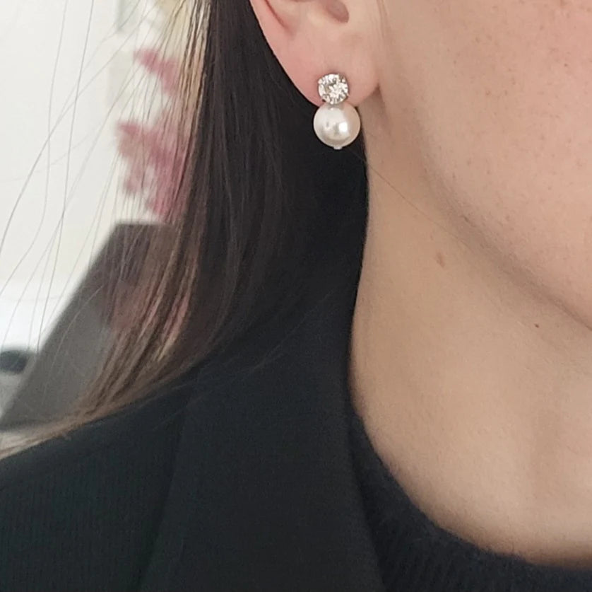 Leah Petite - Swarovski Crystal and Pearl Bridal Stud Earrings 10mm - Rhodium Plated