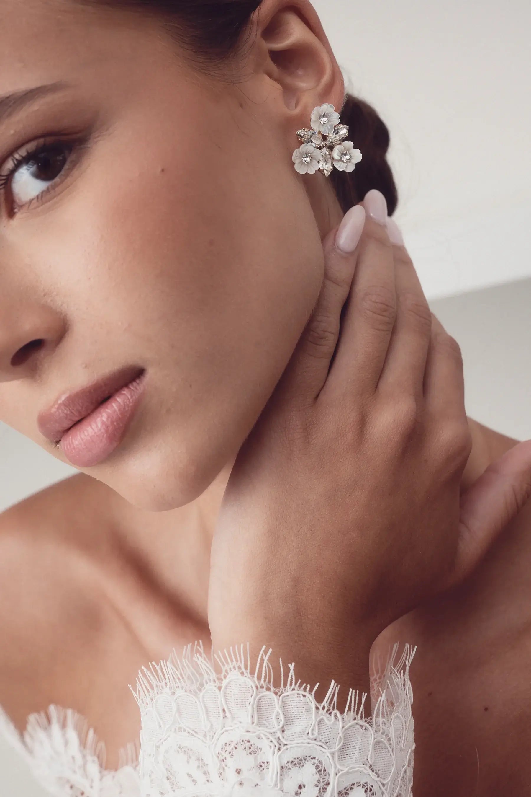 Buy Elizabeth Bower - Juliette Pearl & Crystal Flower Stud - Rhodium Silver online | The White Collection Australia