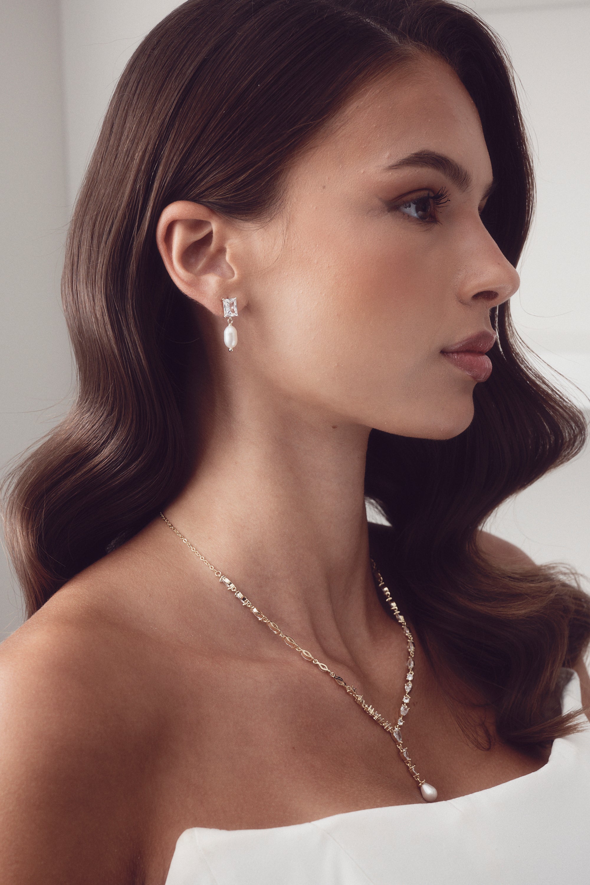 Siena - Delicate Crystal and Plunging Pearl Drop Bridal Necklace - Gold
