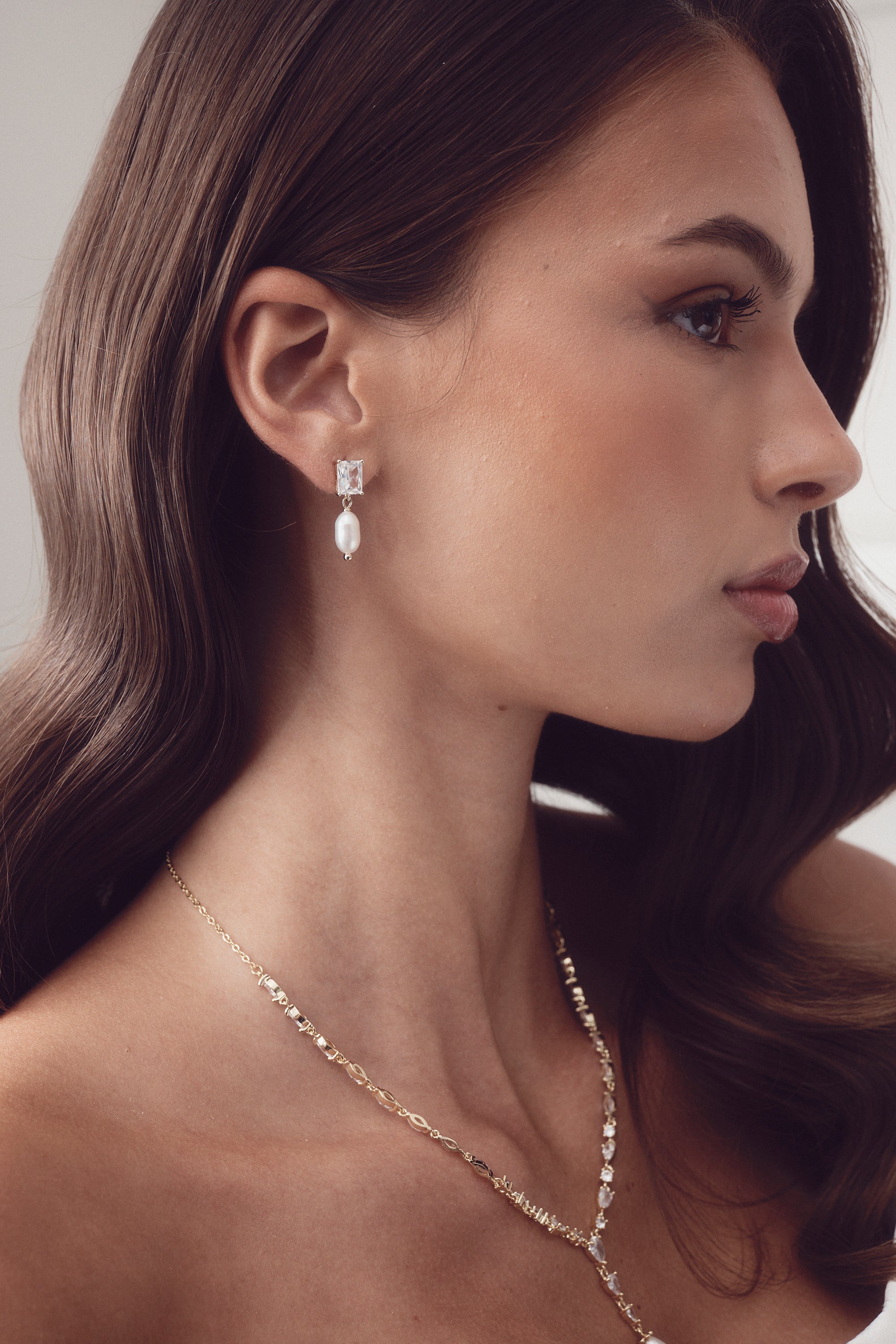 Helena - Baguette Crystal and Pearl Drop Bridal Earrings