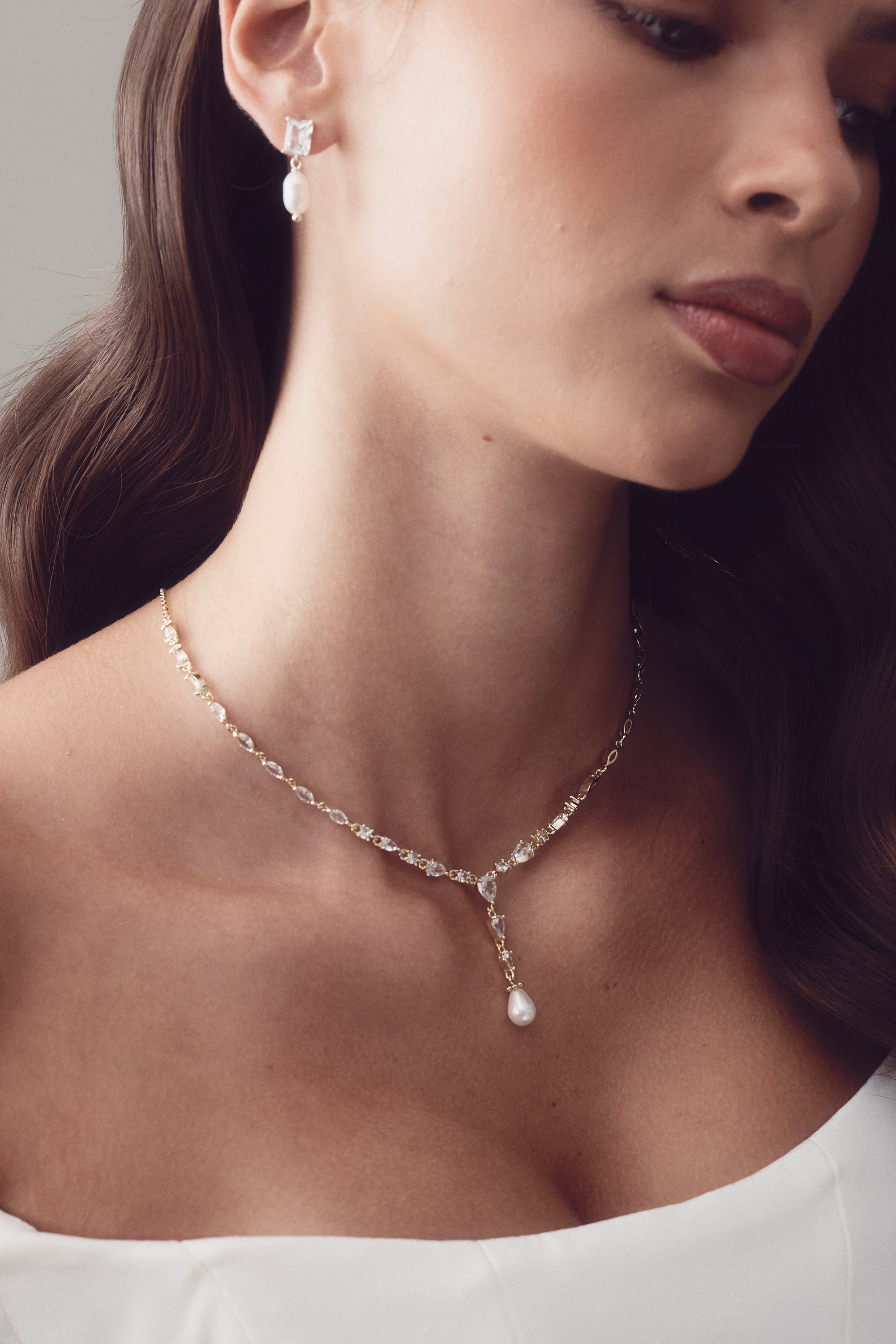 Siena - Delicate Crystal and Plunging Pearl Drop Bridal Necklace - Gold