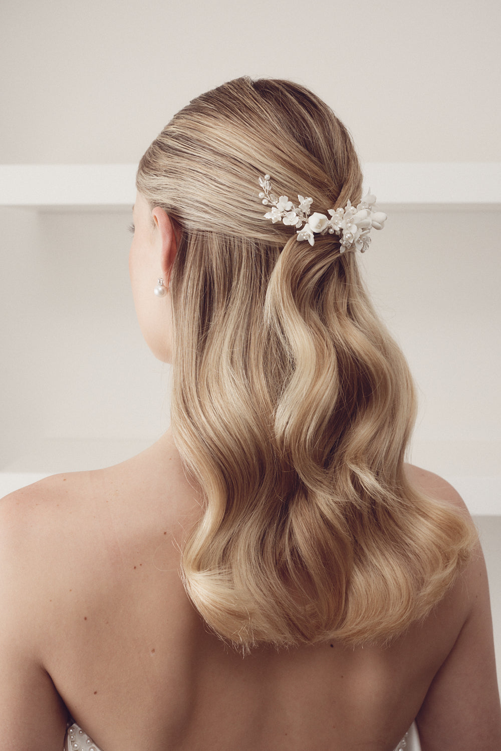 Buy Caroline - Delicate Porcelain & Crystal Floral Pearl Bridal Hair Clip online | The White Collection Australia