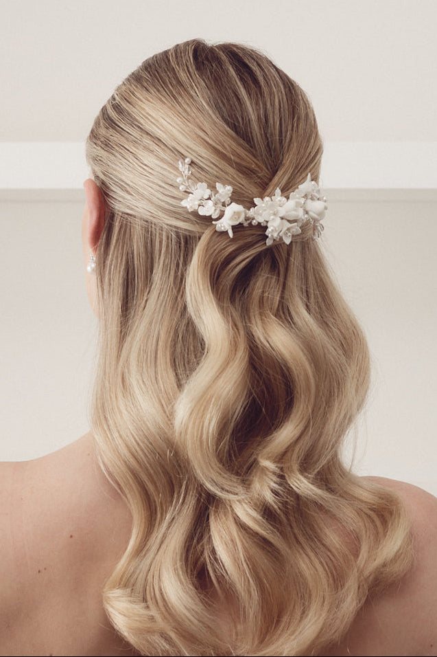 Buy Caroline - Delicate Porcelain & Crystal Floral Pearl Bridal Hair Clip online | The White Collection Australia