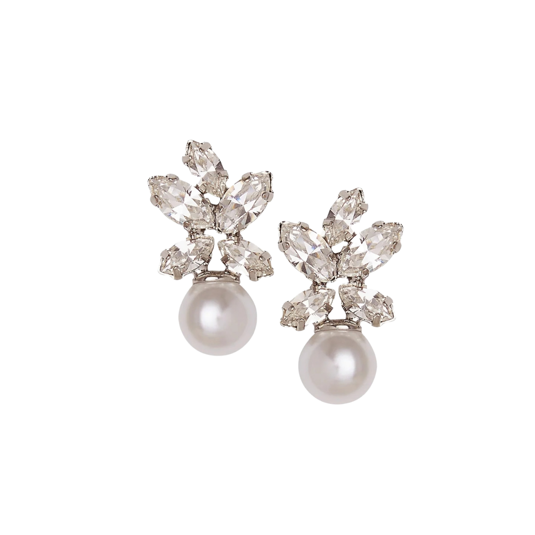 Elizabeth Bower - Burst Mini Duet Crystal and Pearl Earrings - Rhodium Silver