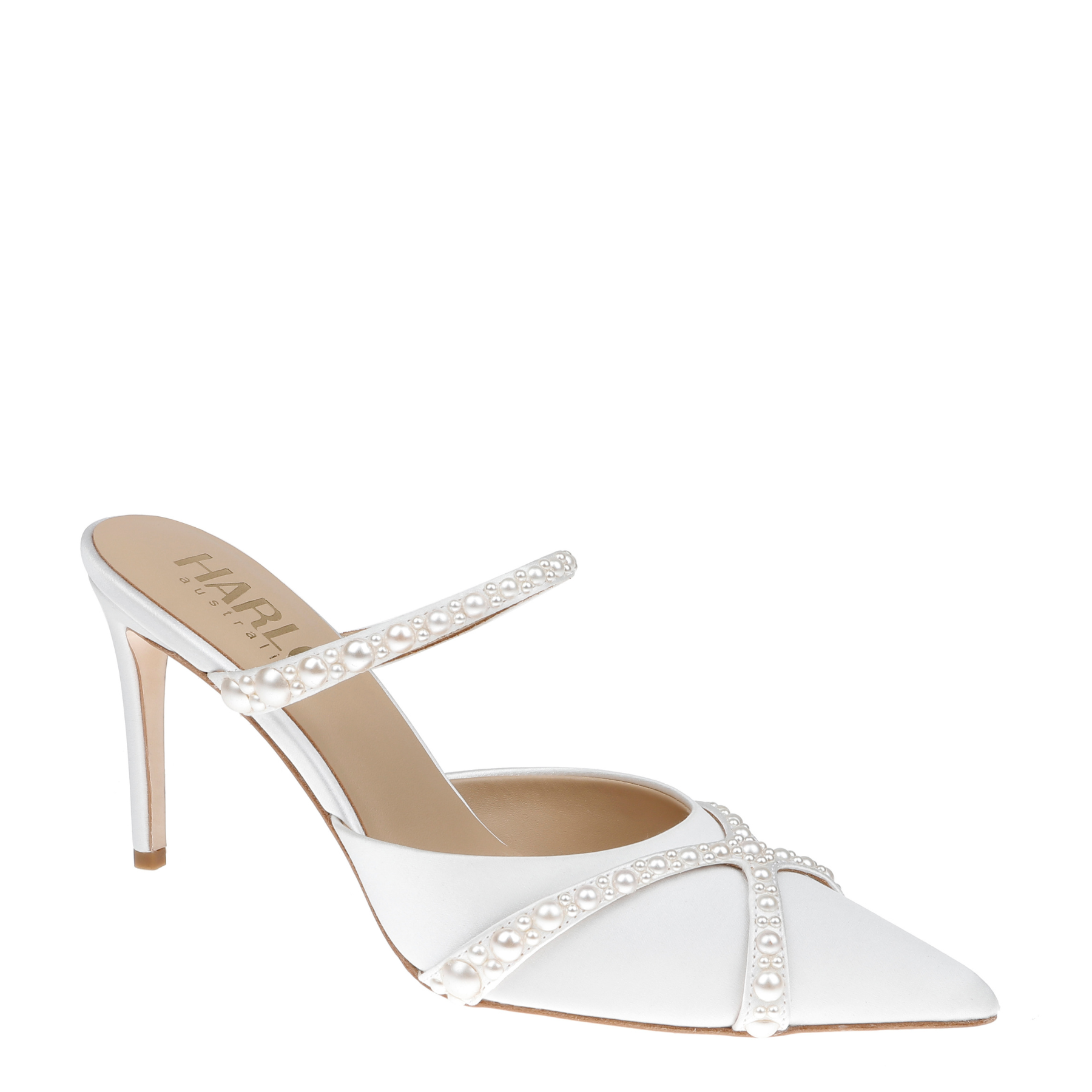 Grace - Pearl Embellished Stiletto Mule Heels - Soft White