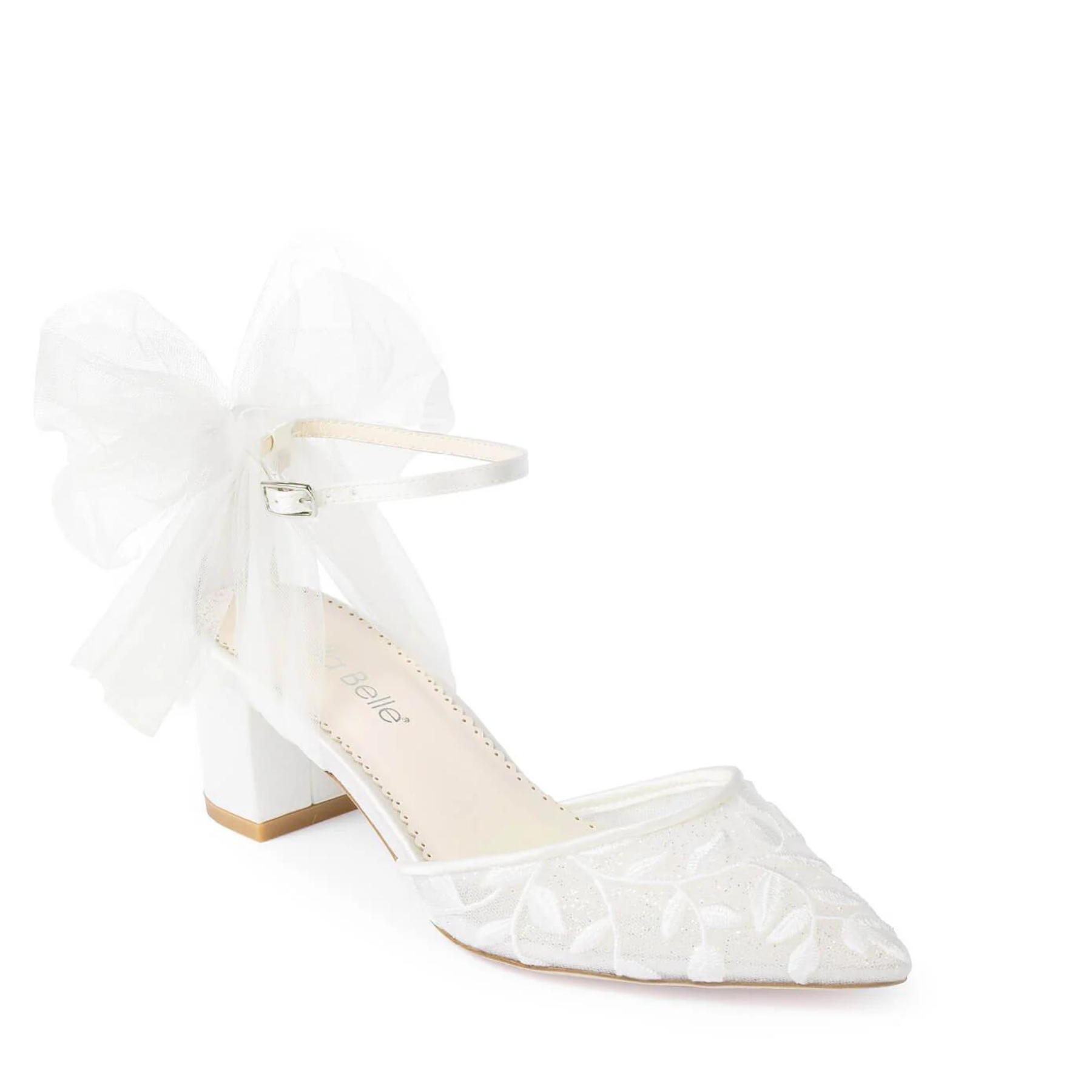 Buy Joelle - Ivory Lace Embroidered 2 Inch Block Heels with Tulle Bow online | The White Collection Australia