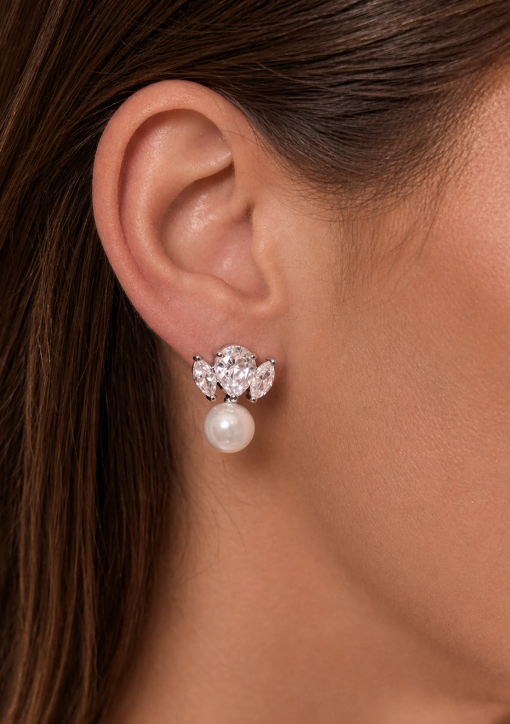 Lola Knight - Maris - Crystal Pearl Bridal Drop Earrings - Silver
