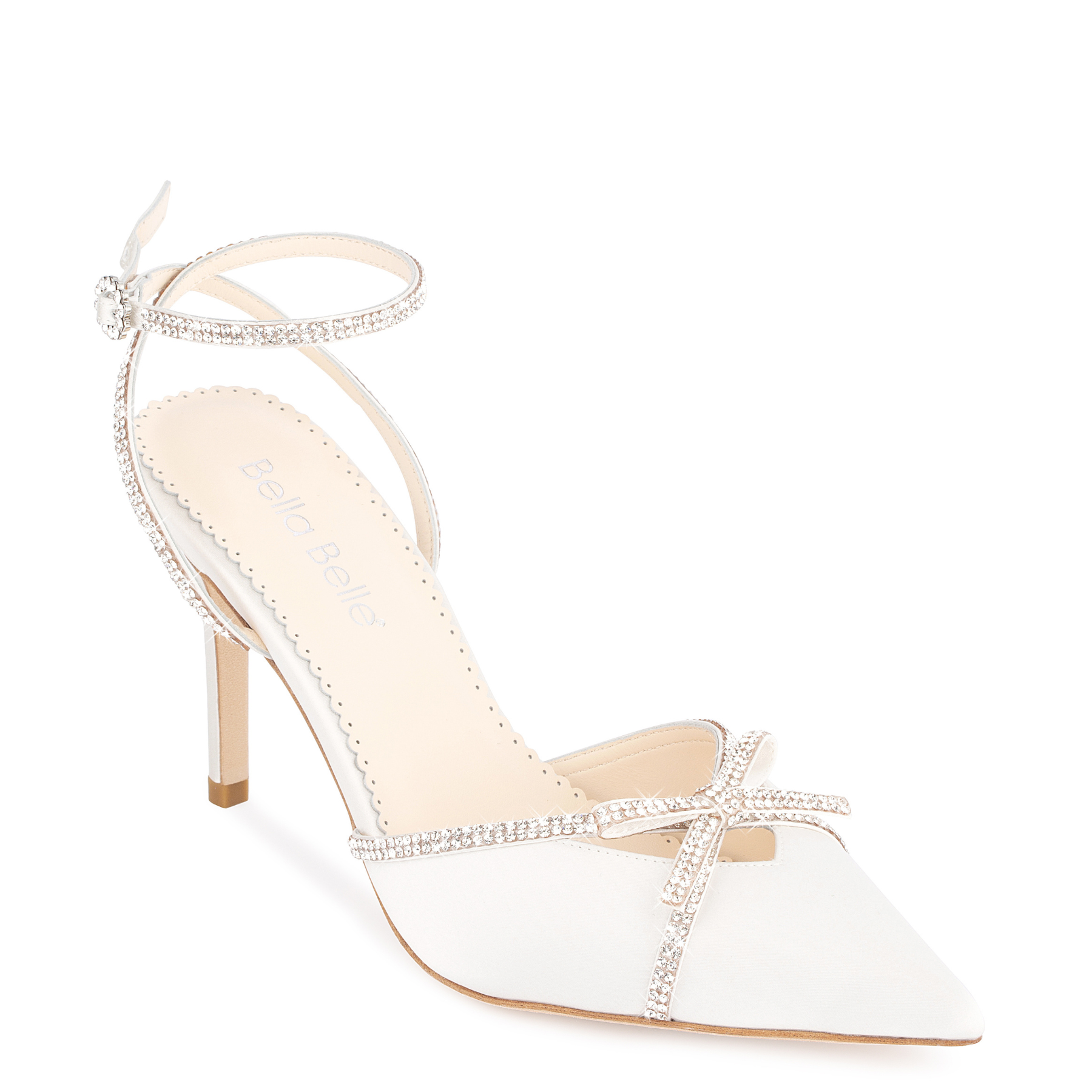 Kendall - Ivory Bridal Block Heels with Crystal Bows, Trim and Straps