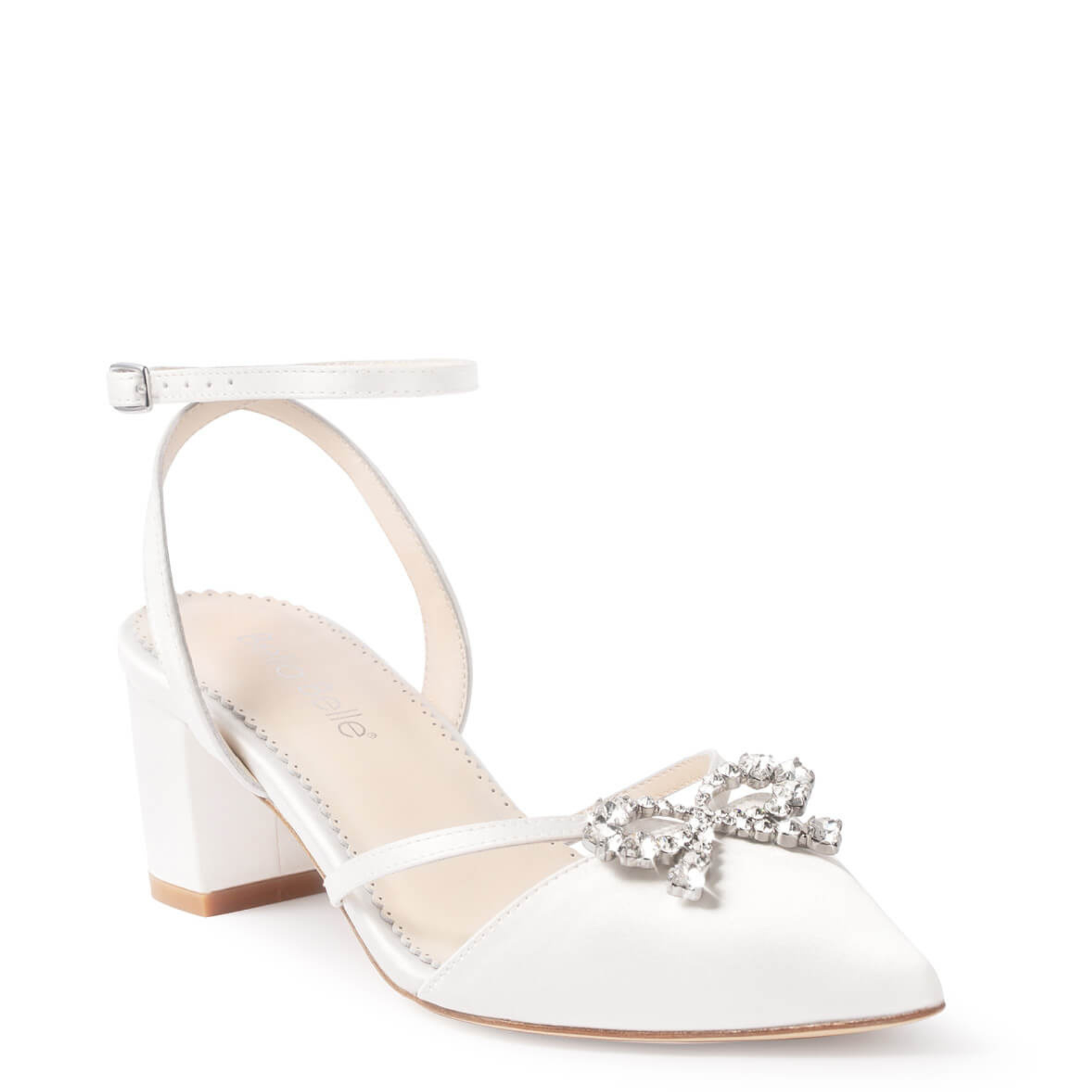 Amira - Pointed Toe Ankle Strap Crystal Bow Heels - Ivory
