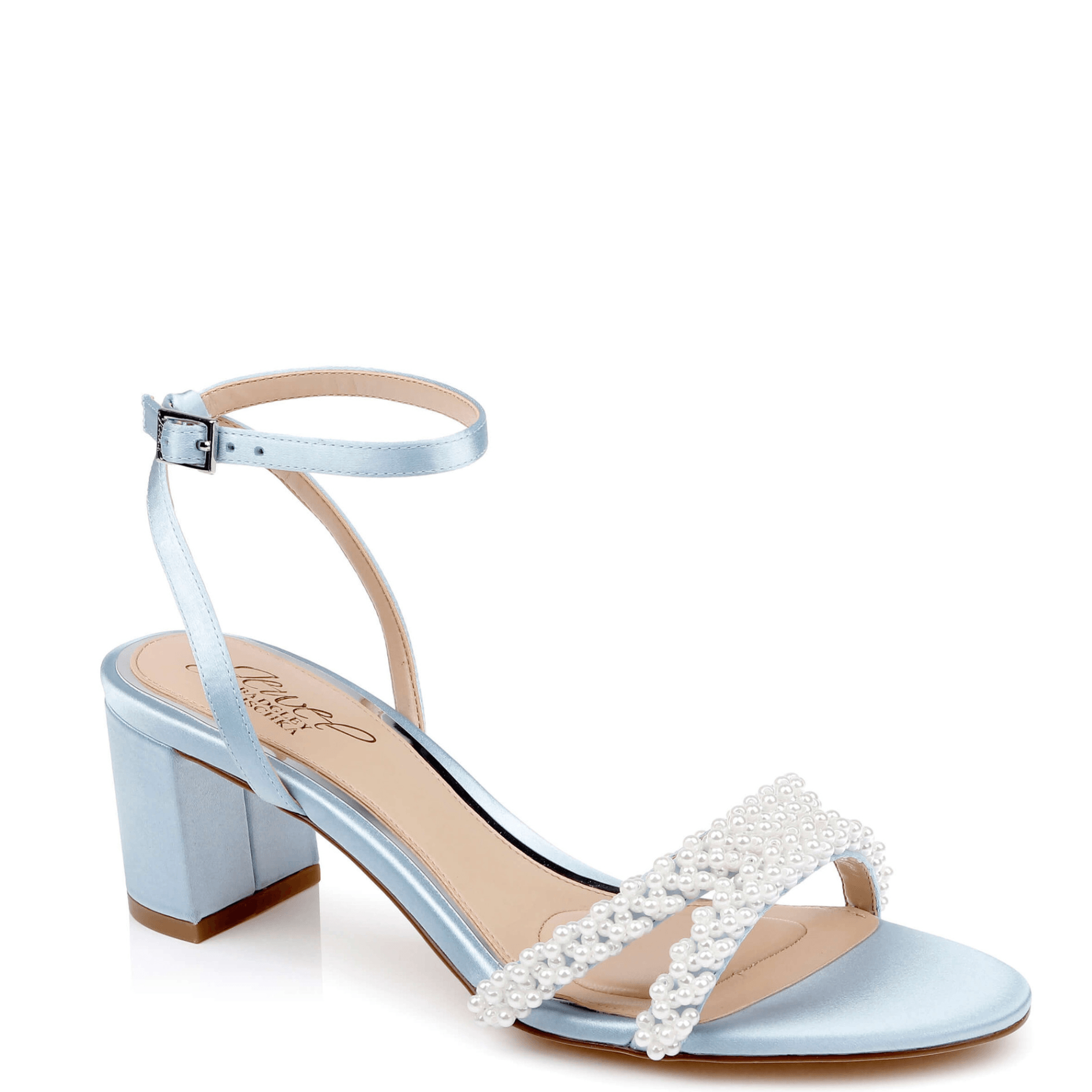 Buy Ninnette - Open Toe Strappy Pearl Low Block Heel - Sky Blue online | The White Collection Australia