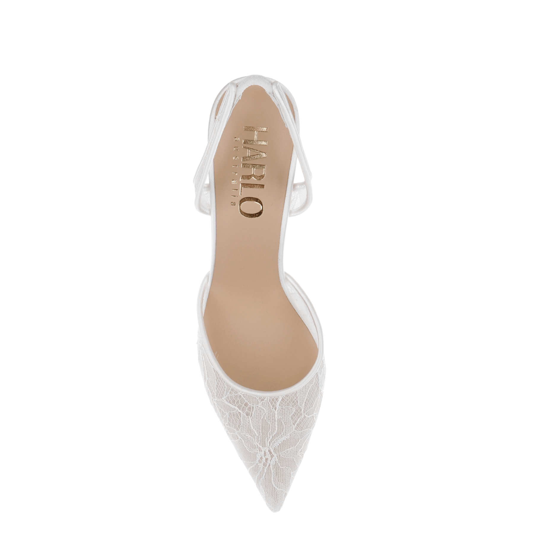 Gigi Lace - Bridal Slingback Fluted Heels - Soft White top view showcasing floral lace design and pointed toe by HARLO Australia.