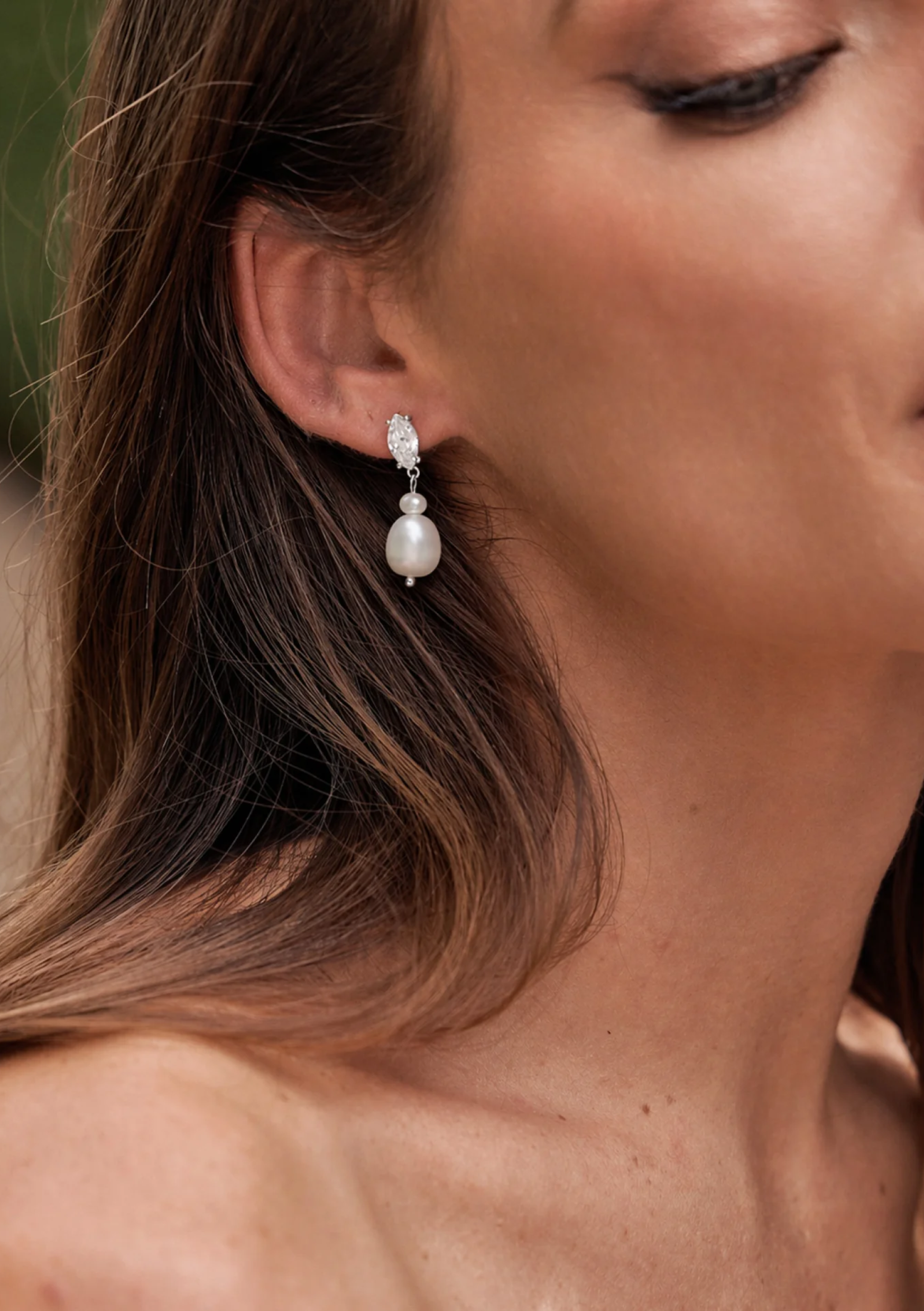 Lola Knight - Sage - Double Pearl and Crystal Drop Earrings - Silver