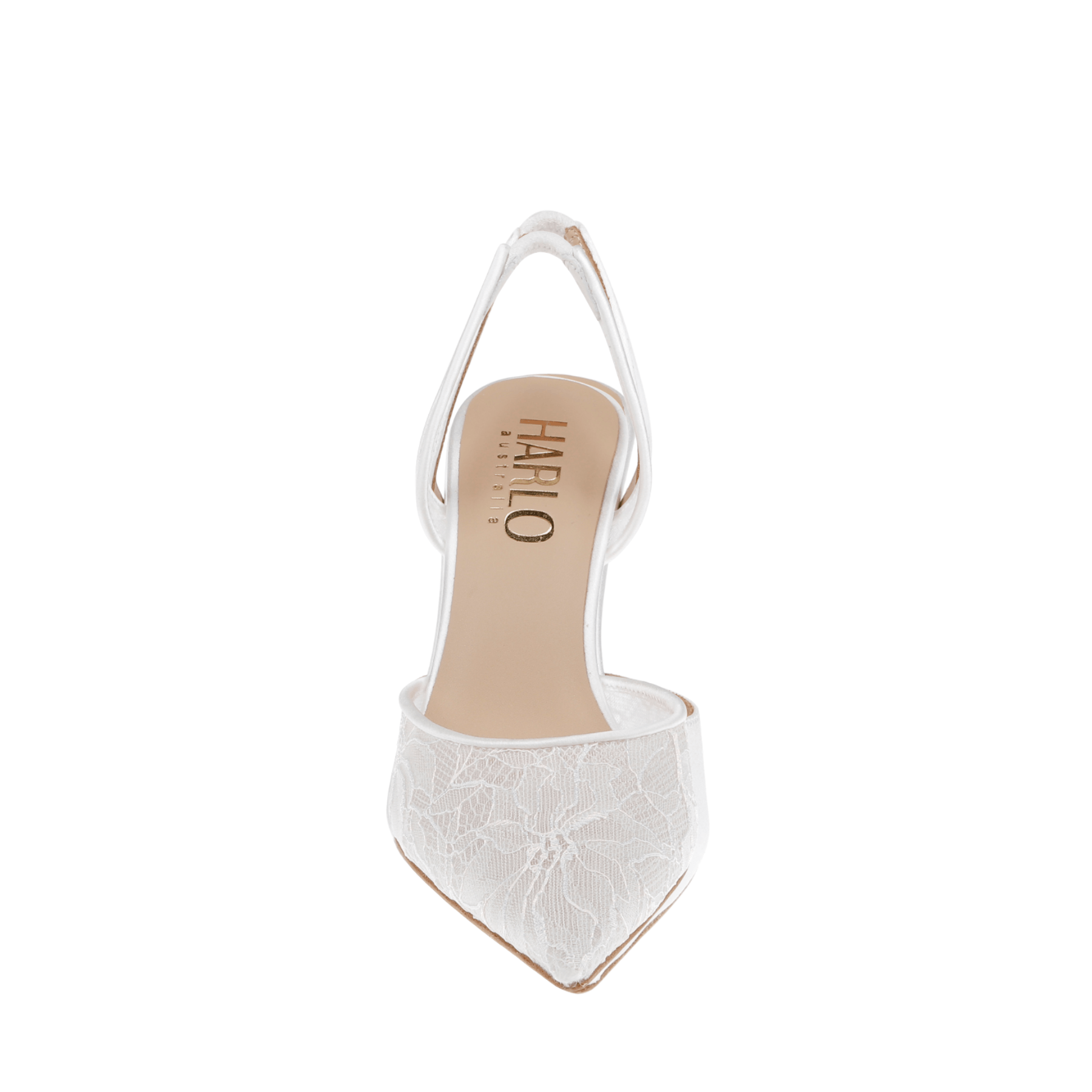 Gigi Lace - Bridal Slingback Fluted Heels - Soft White showing delicate floral lace and pointed toe design.