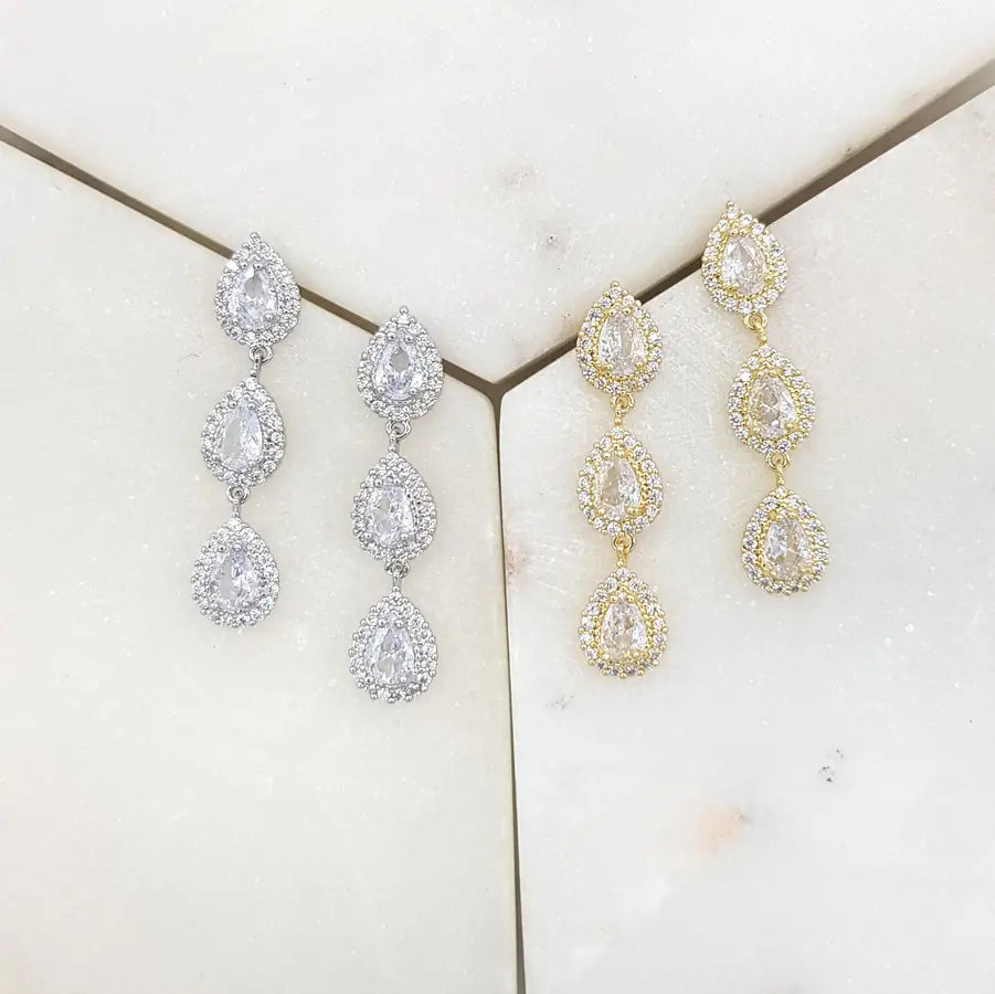 Jaden - Triple Crystal Bridal Drop Earrings