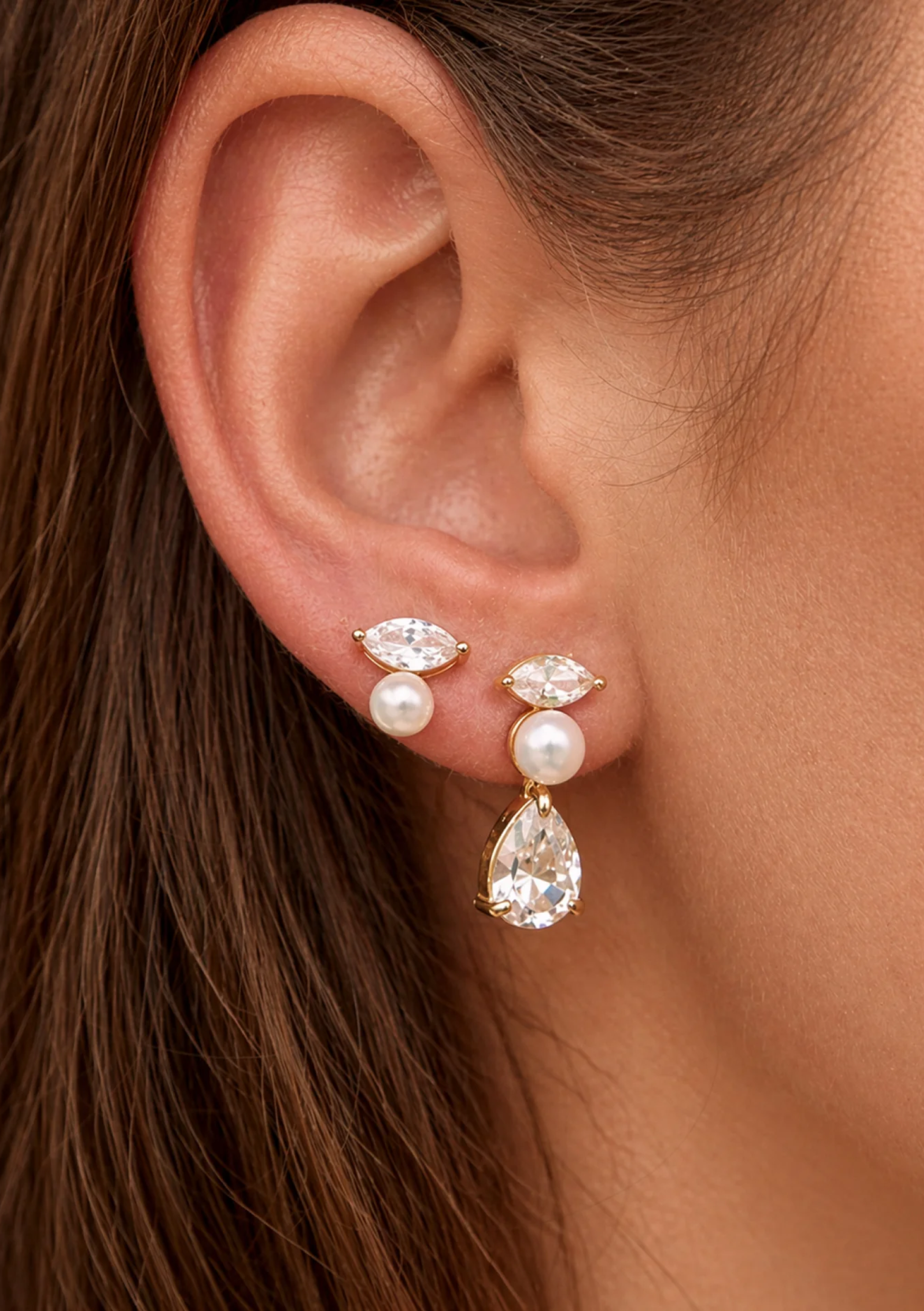 Lola Knight - Estella - Crystal and Pearl Drop Bridal Earrings - Gold