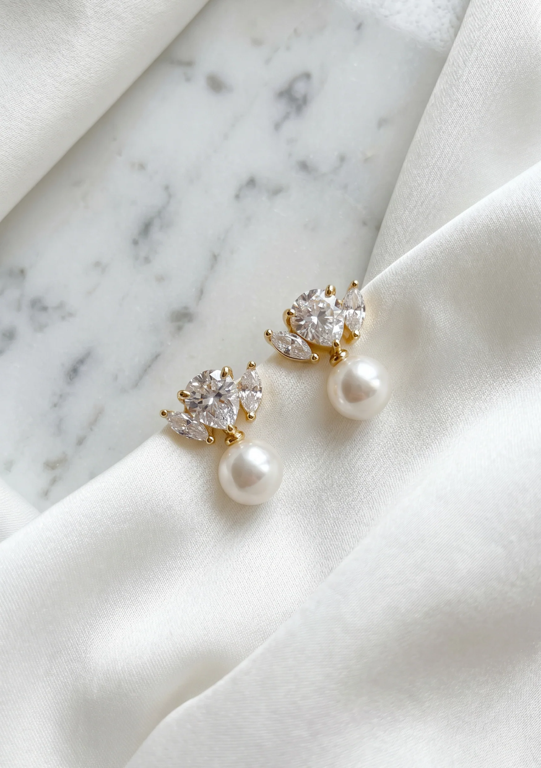 Lola Knight - Maris - Crystal Pearl Bridal Drop Earrings - Gold