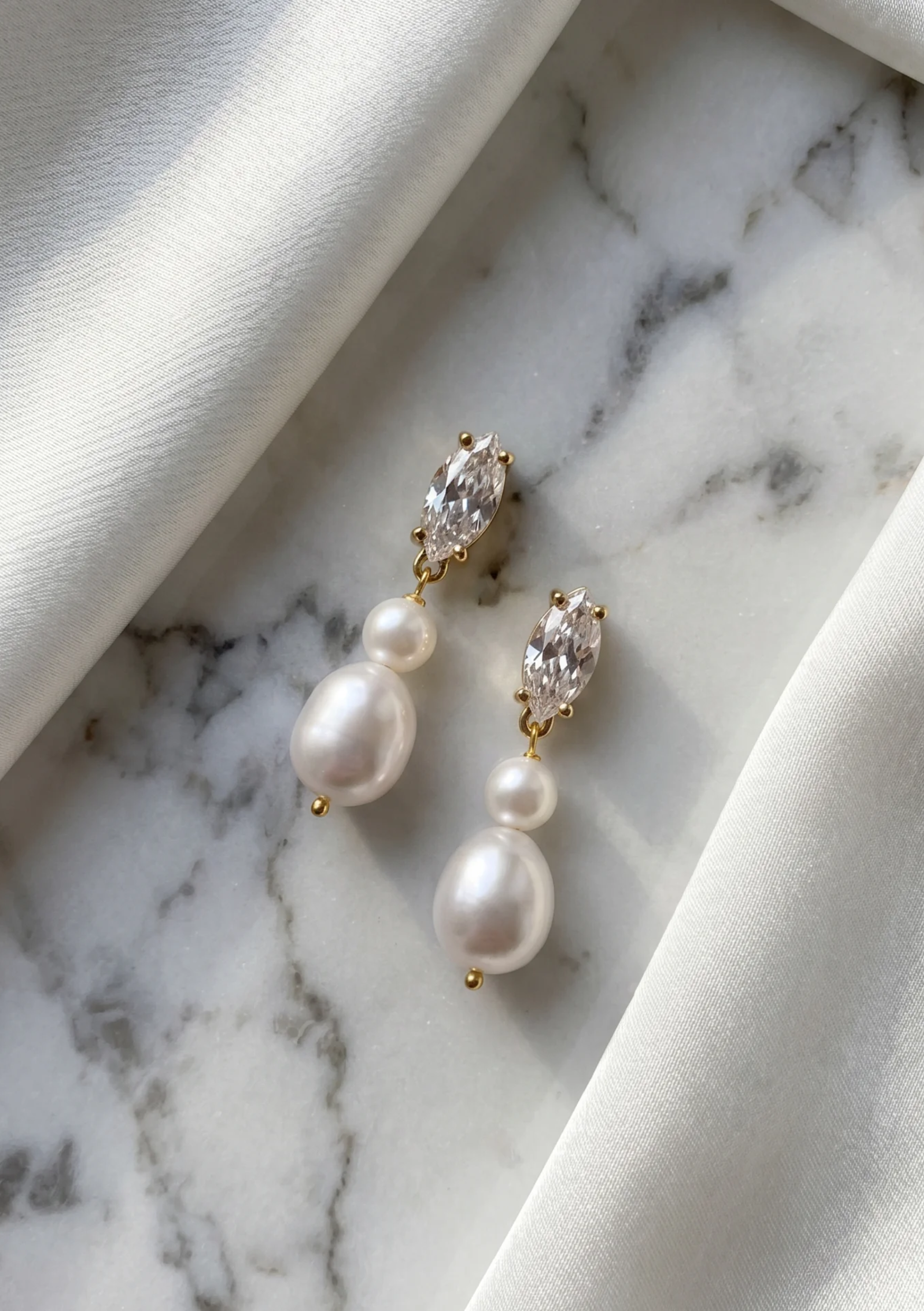 Lola Knight - Sage - Double Pearl and Crystal Drop Earrings - Gold