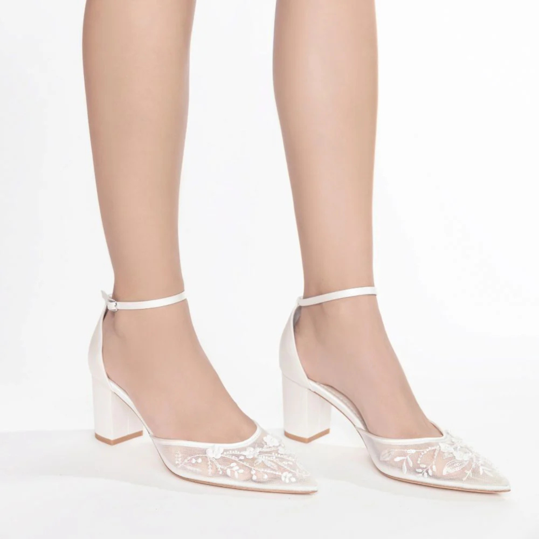 Buy Thea - Floral Illusion Mesh Closed Toe Block Heels - Ivory online | The White Collection Australia