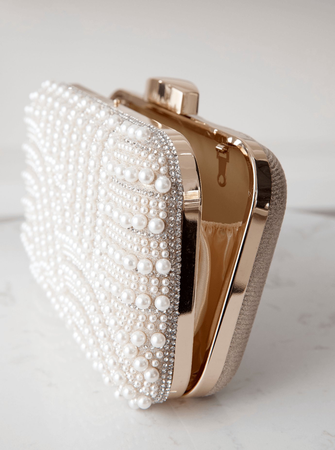 Buy Sirena - Wave Pearl Box Clutch - Gold online | The White Collection Australia