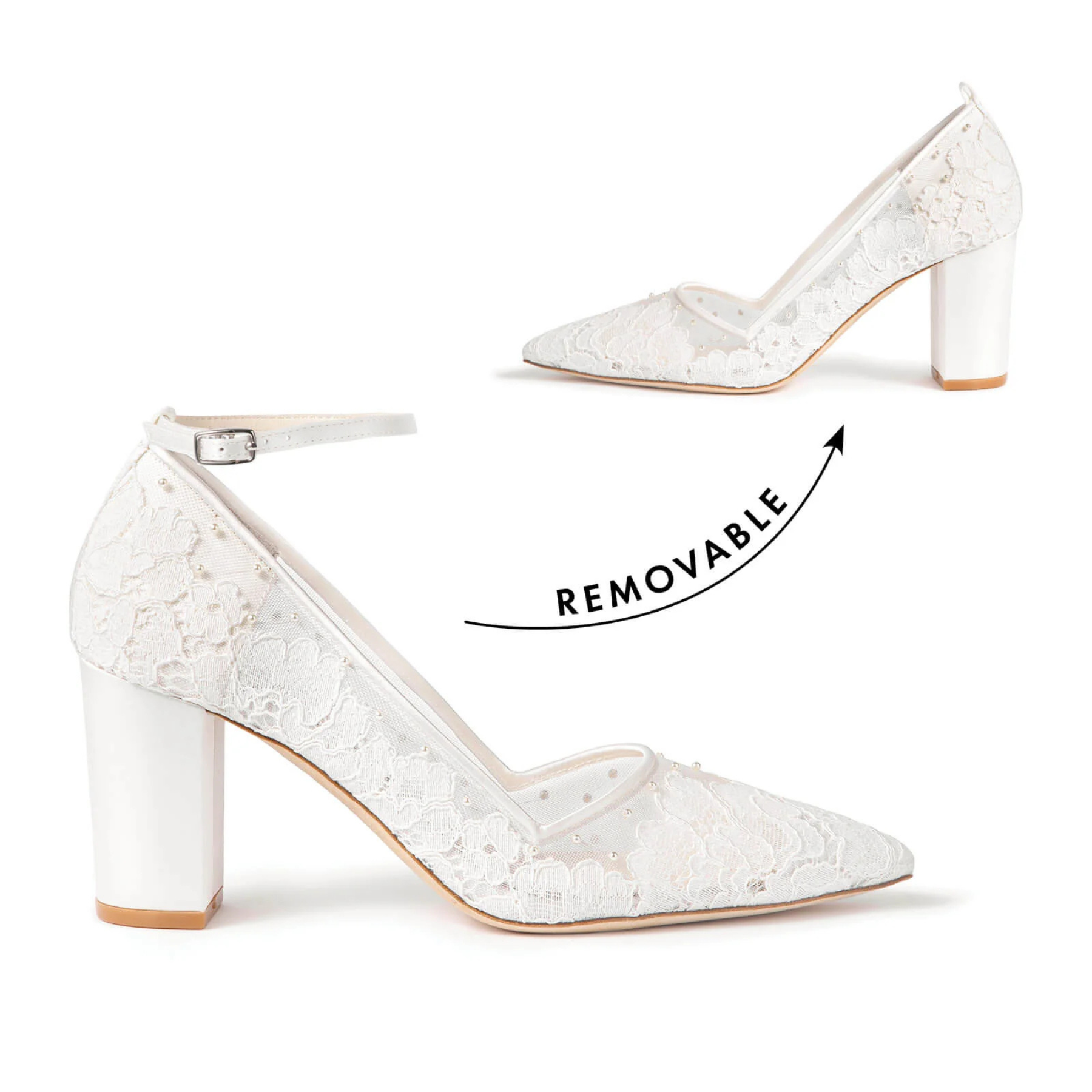 Margot - Lace Pearl Bridal Block Heels - Ivory