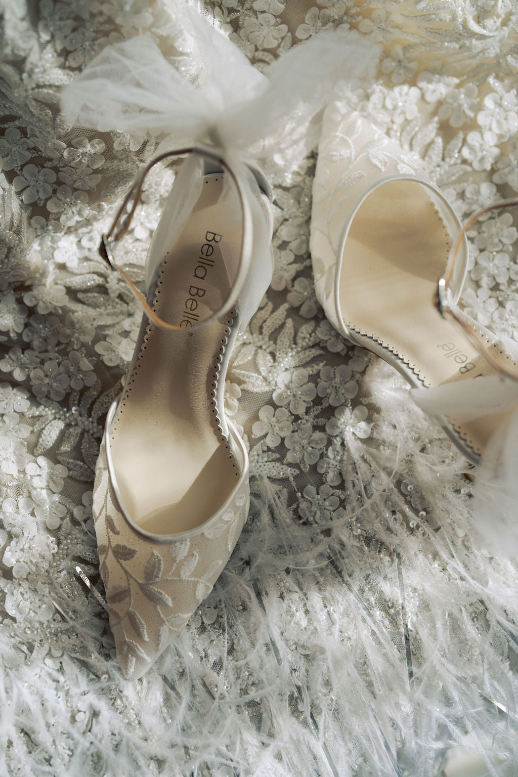 Buy Joselyn - Vine Embroidered Ivory Lace Heels with Ankle Strap Tulle Bows online | The White Collection Australia