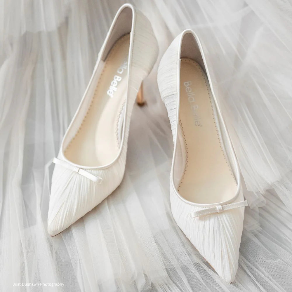 Amelie - Pleated Silk Crepe Something Blue Wedding Shoes - Ivory
