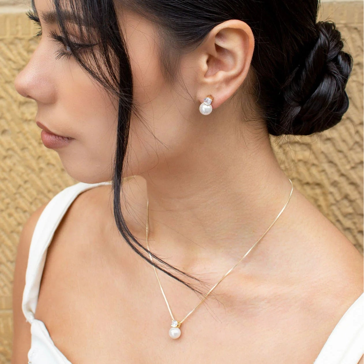 Anna - Delicate Crystal and Pearl Drop Bridal Necklace - Gold